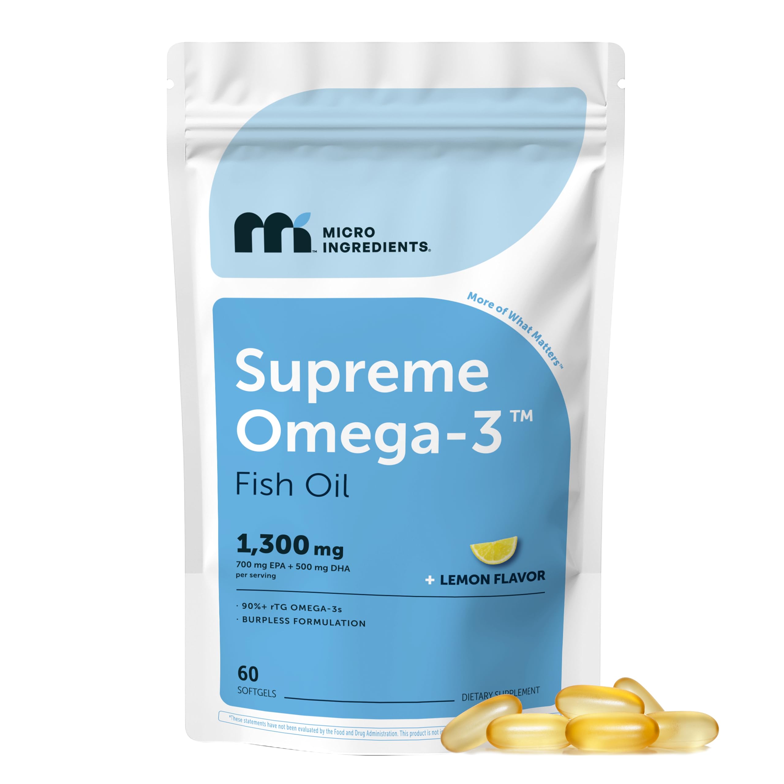 Micro Ingredients Supreme Omega-3 cápsulas blandas sin regusto para tragar fácilmente.