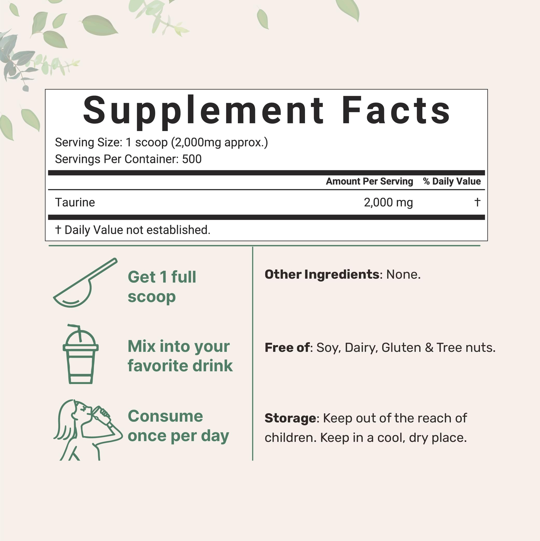 Taurina Micro Ingredients con cuchara medidora para porciones precisas.