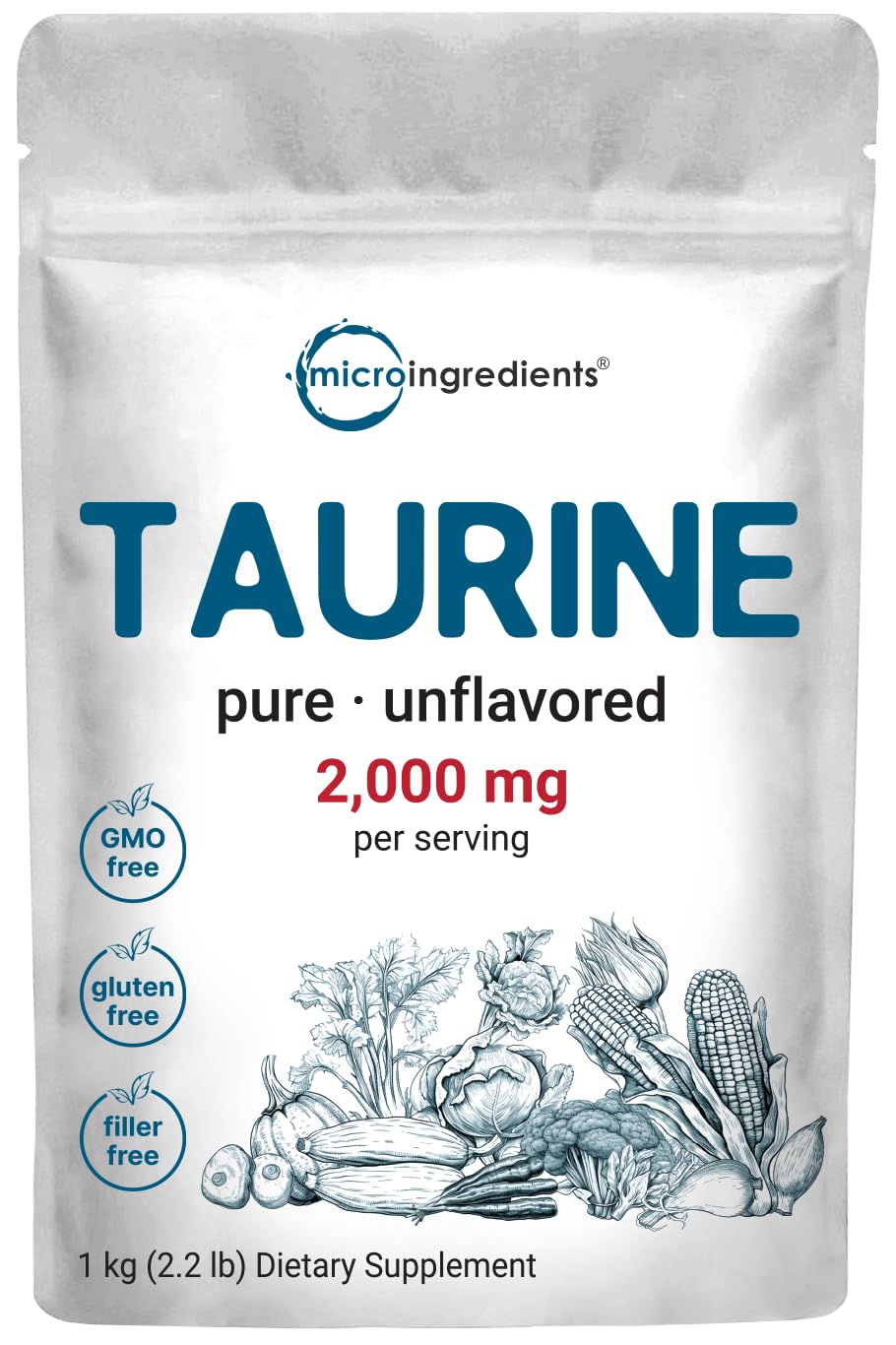 Taurina Micro Ingredients en polvo, envase de 1 kg, ideal para mezclar en bebidas.