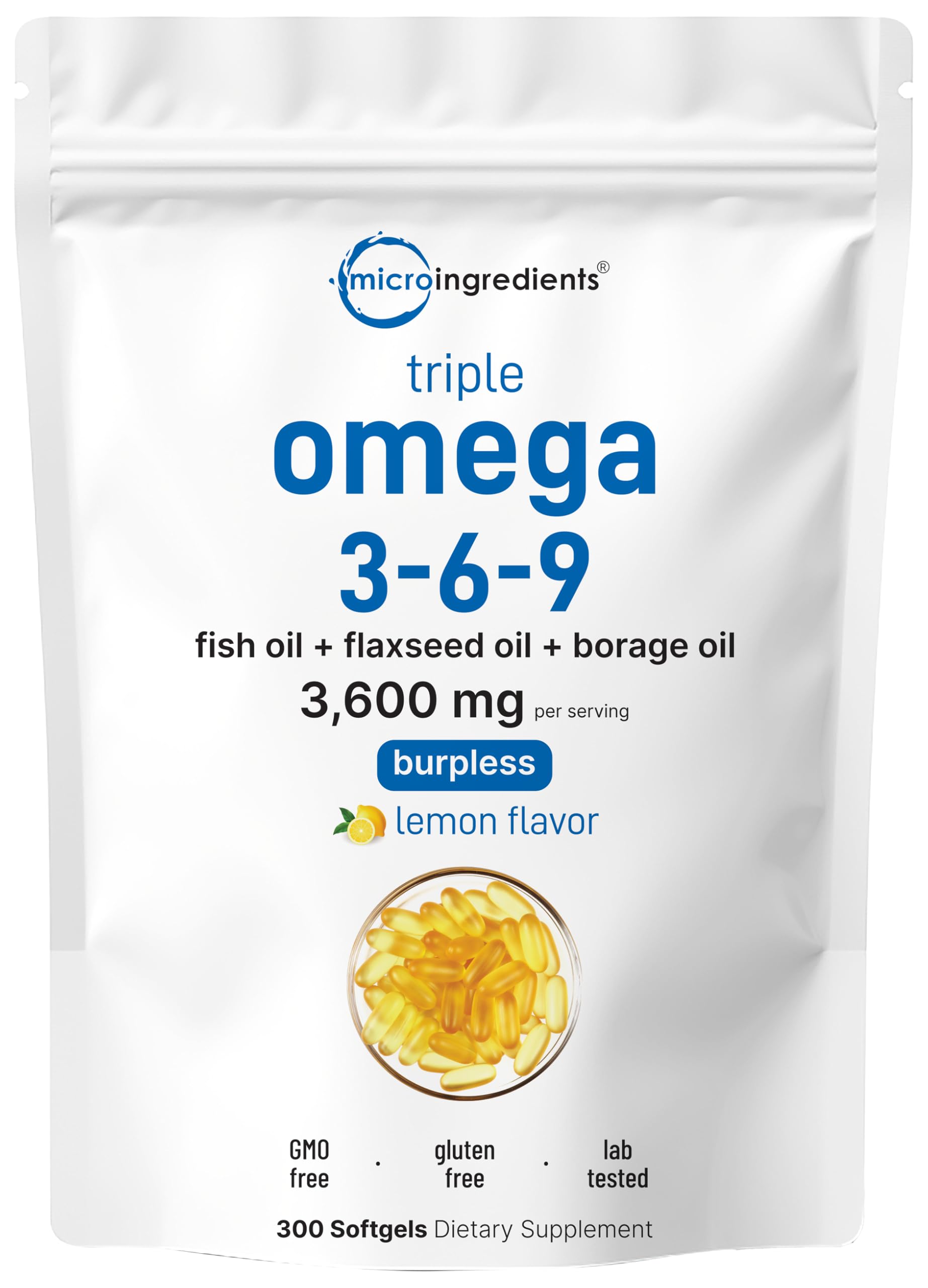 Micro Ingredients Ultra Omega 3-6-9 con sabor limón, envase visible.