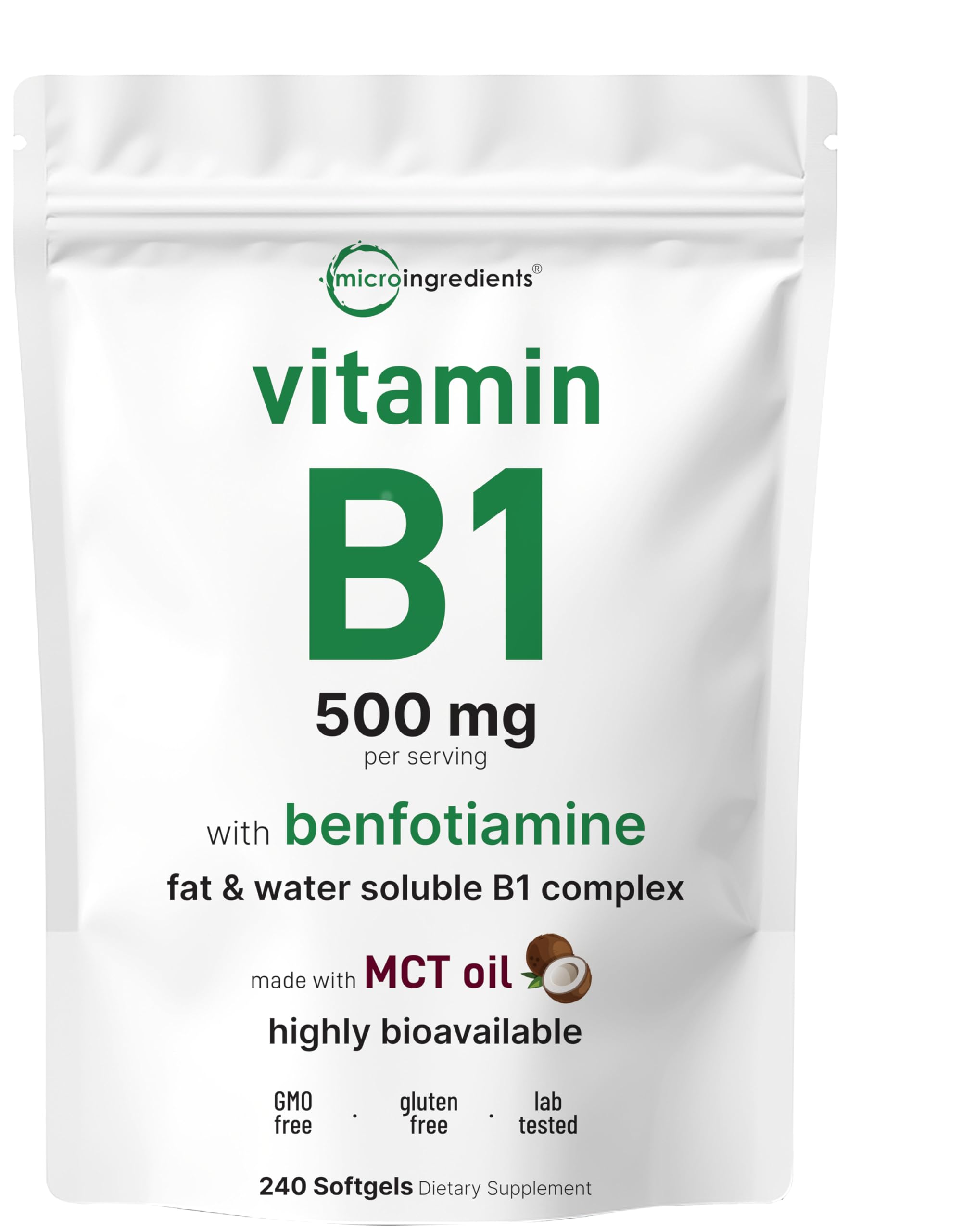 Micro Ingredients Vitamina B1, botella de cápsulas, posible impulso de energía diaria.