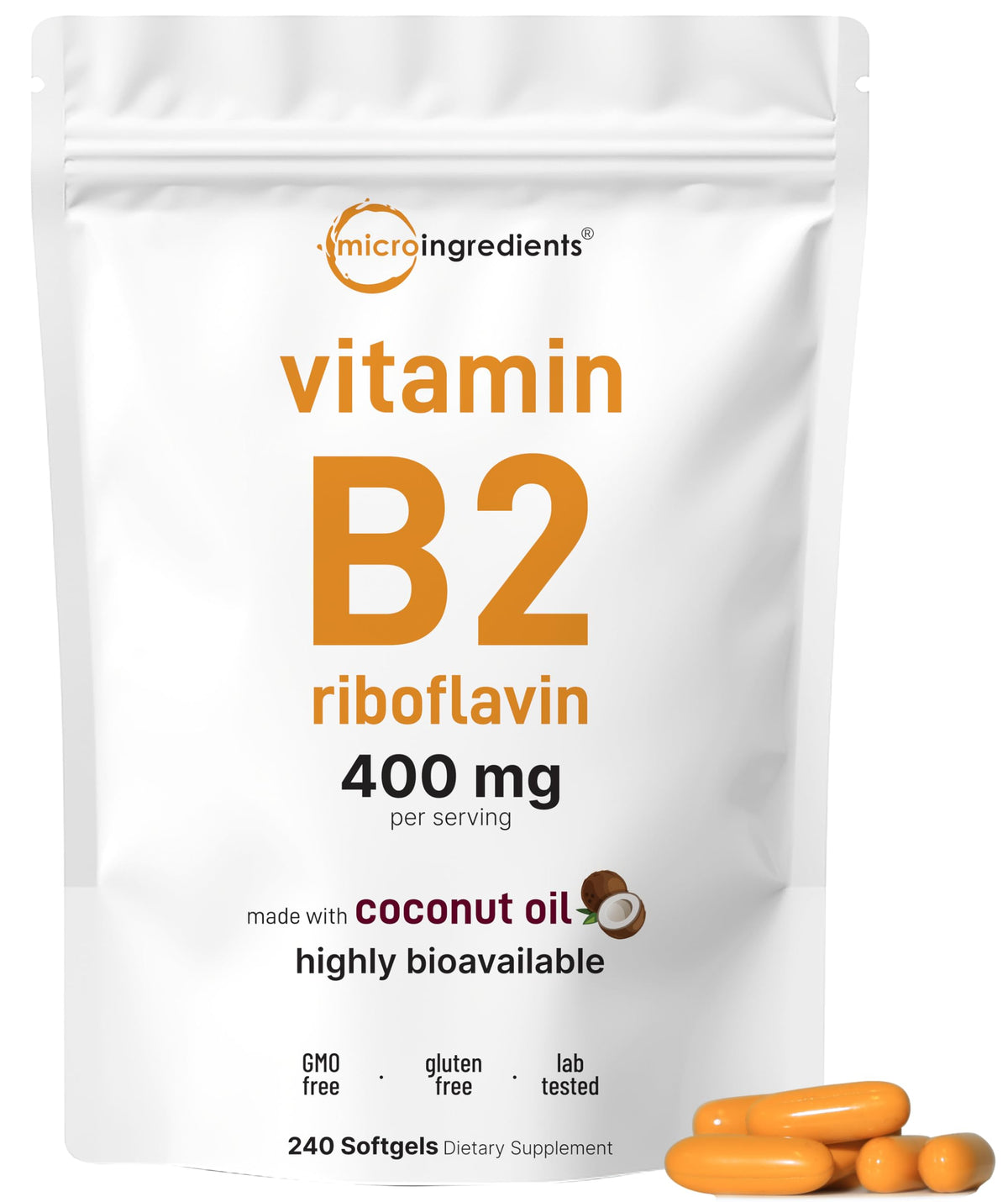 Micro Ingredients Vitamina B2: botella de cápsulas blandas para energía diaria.