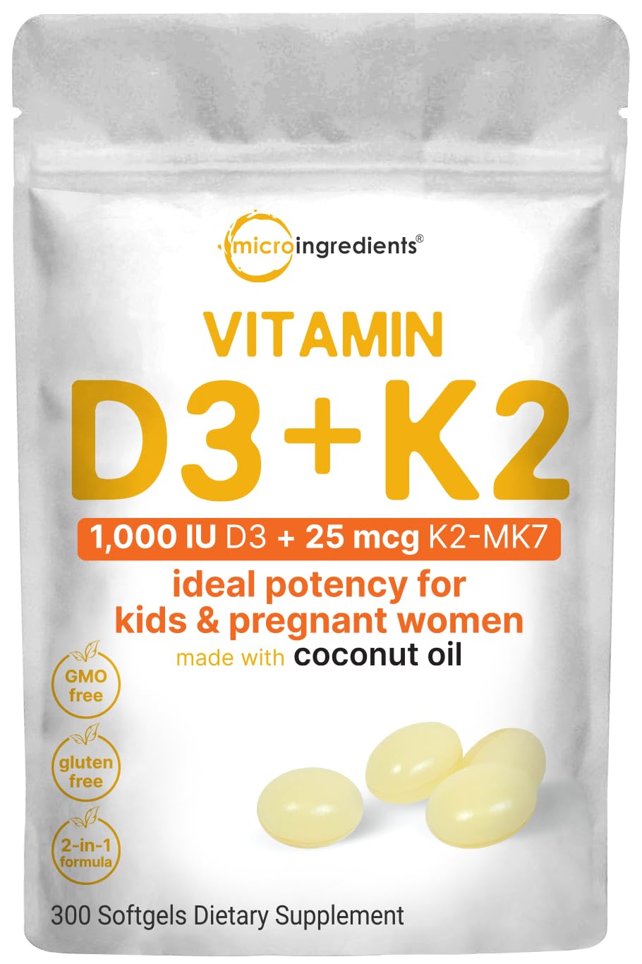 Micro Ingredients Vitamina D3 + K2 en botella, apoyo potencial para huesos.