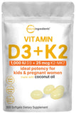 Micro Ingredients Vitamina D3 + K2 en botella, apoyo potencial para huesos.