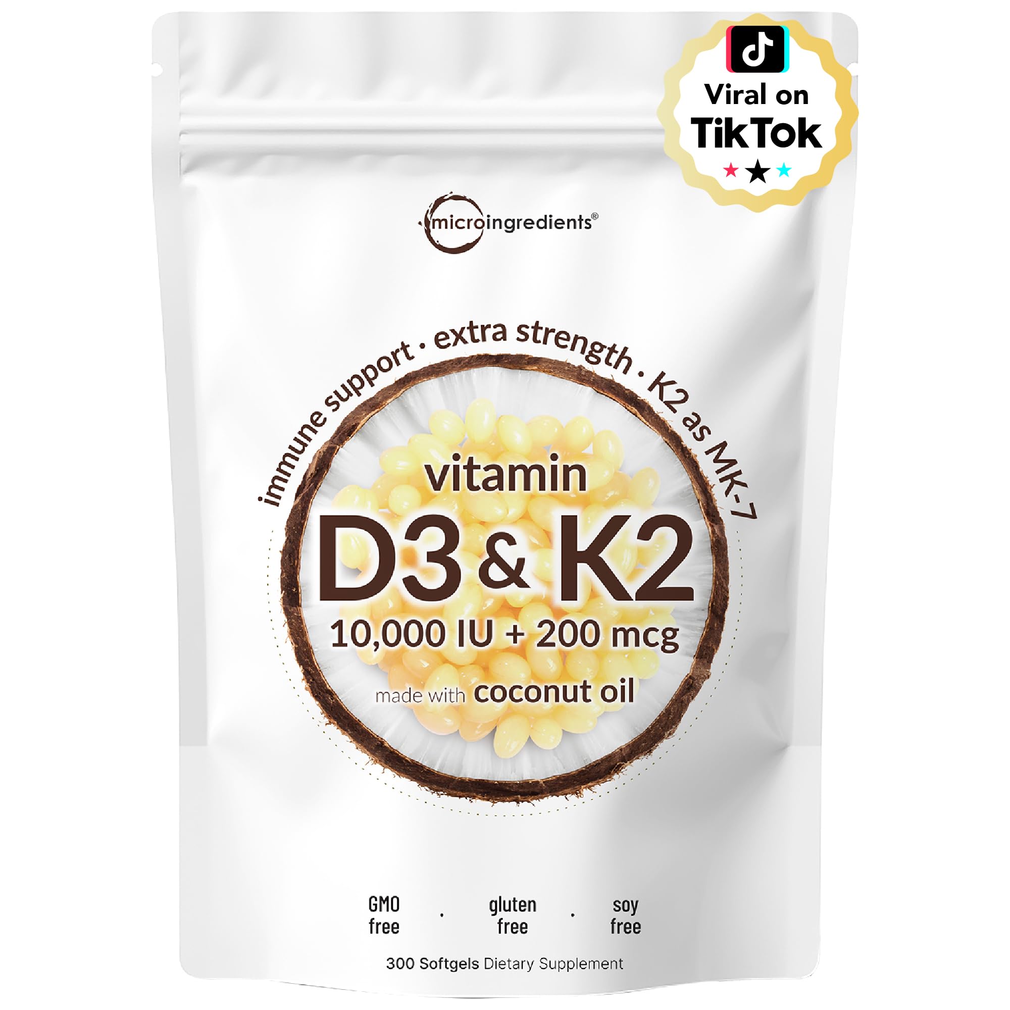 Micro Ingredients Vitamina D3 y K2 en cápsulas blandas con aceite de coco para absorción eficiente.