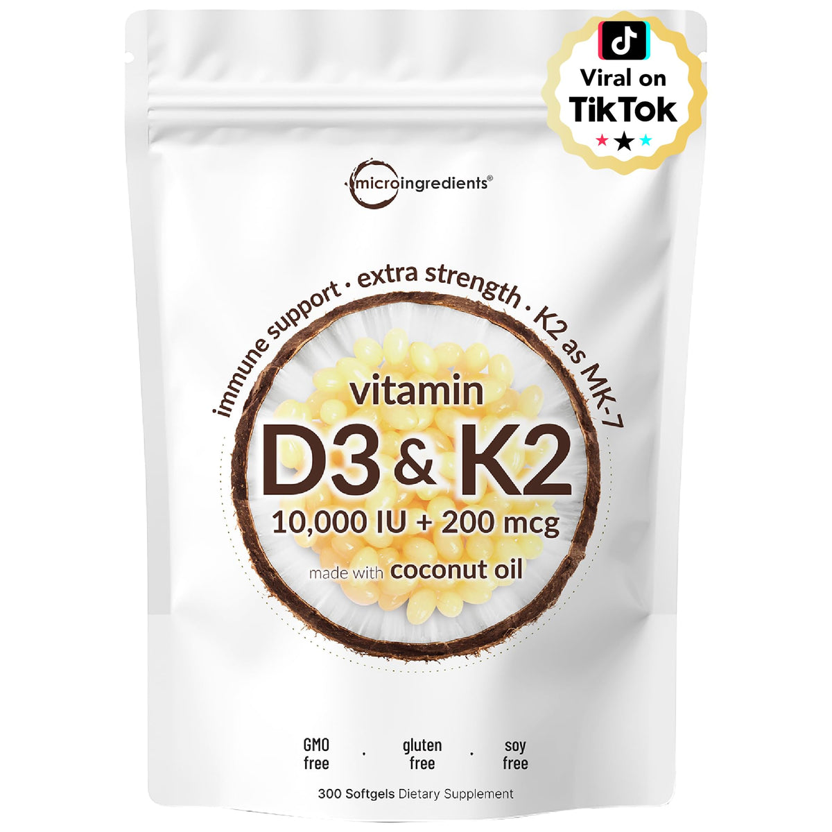 Micro Ingredients Vitamina D3 y K2 en cápsulas blandas con aceite de coco para absorción eficiente.