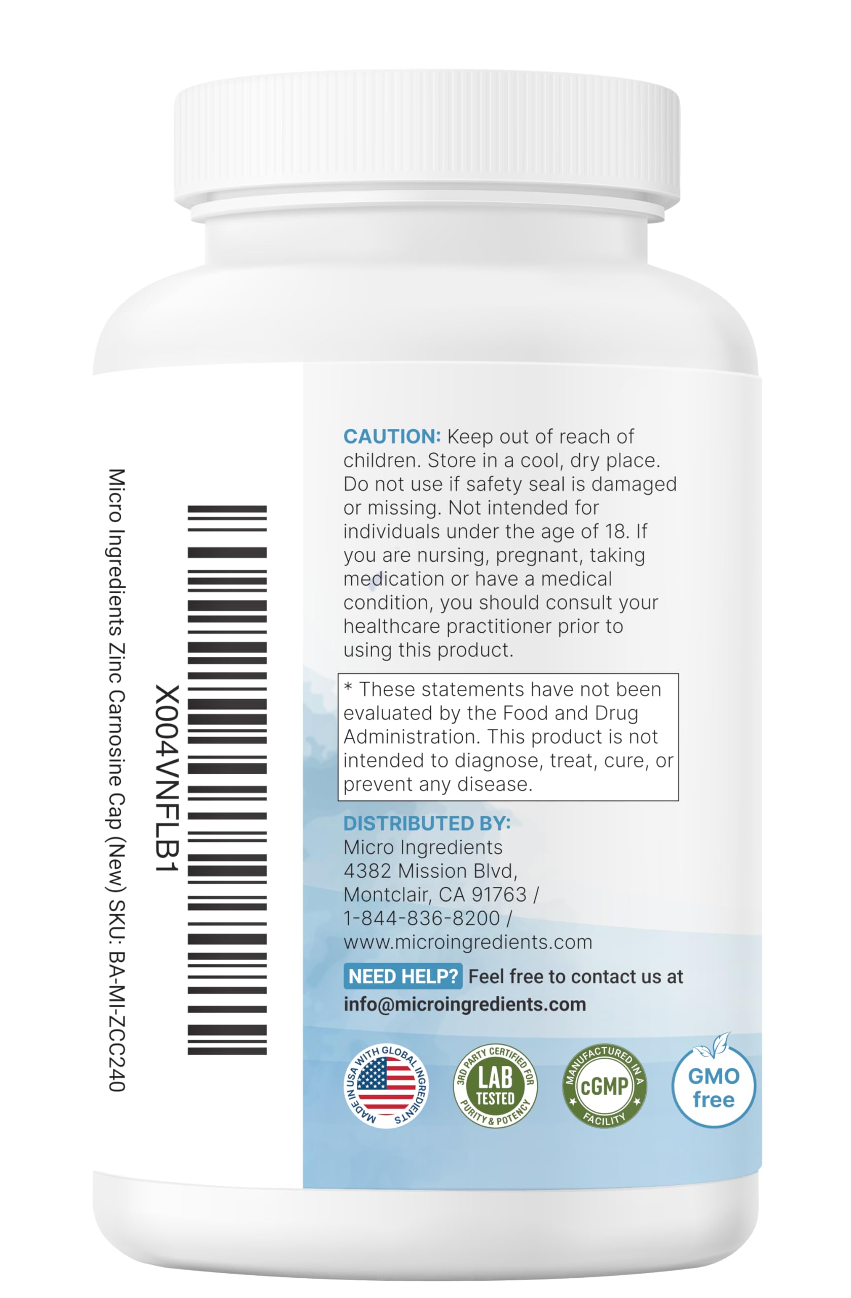 Suplemento diez en uno Micro Ingredients Zinc Carnosina, mezcla de extractos.