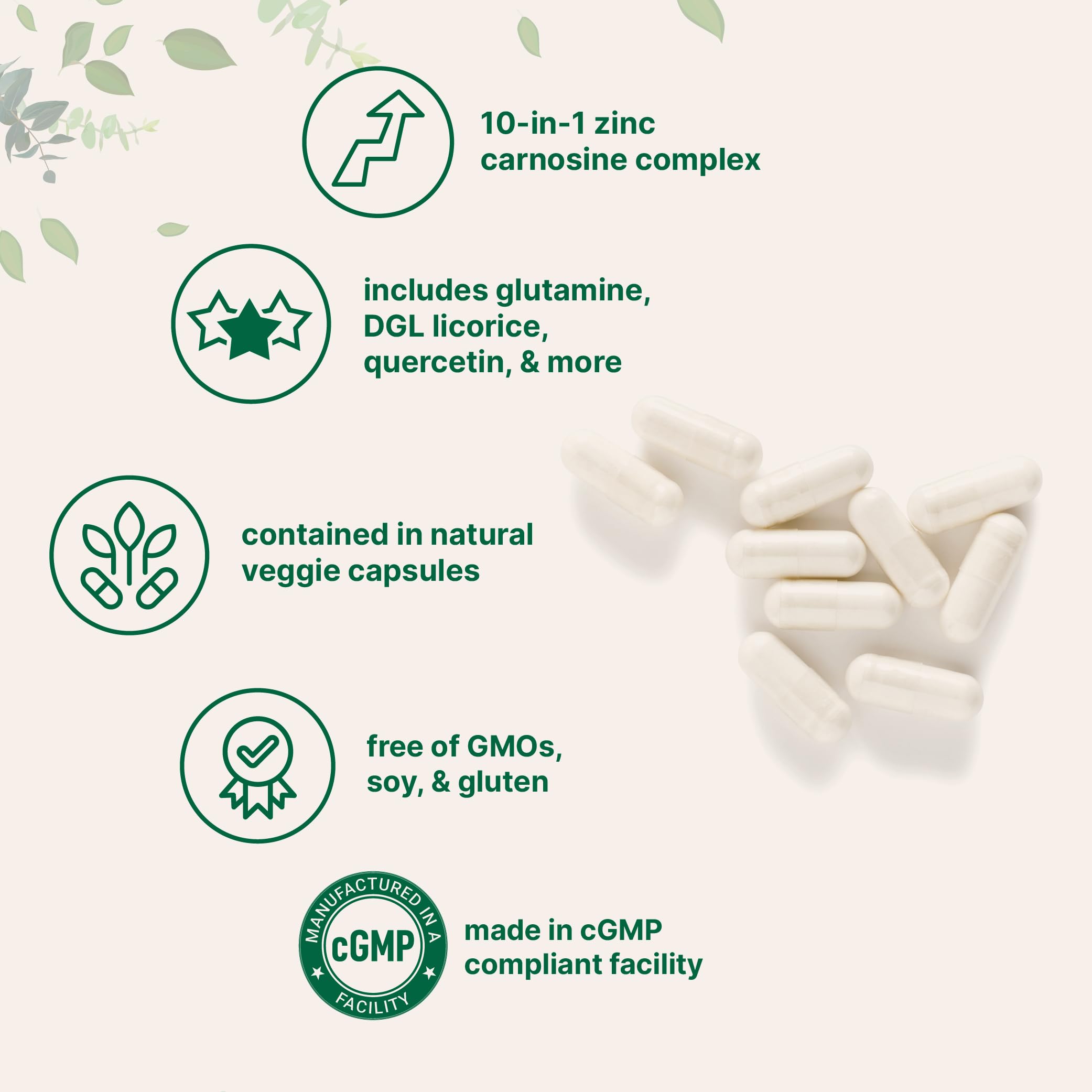 Etiqueta del producto Micro Ingredients Zinc Carnosina con detalles claros de ingredientes.