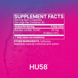 HU58 label closeup displaying dosage and product details.