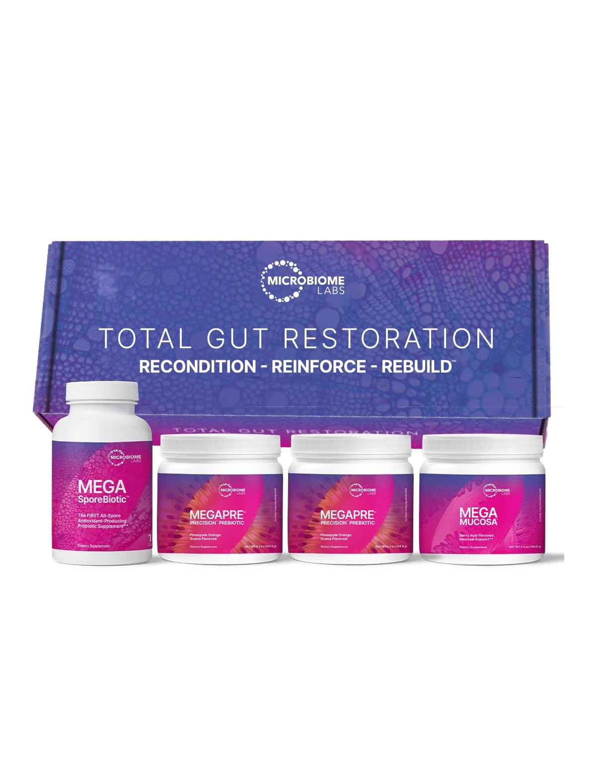 Microbiome Labs Total Gut Restoration Kit con caja para soporte intestinal.