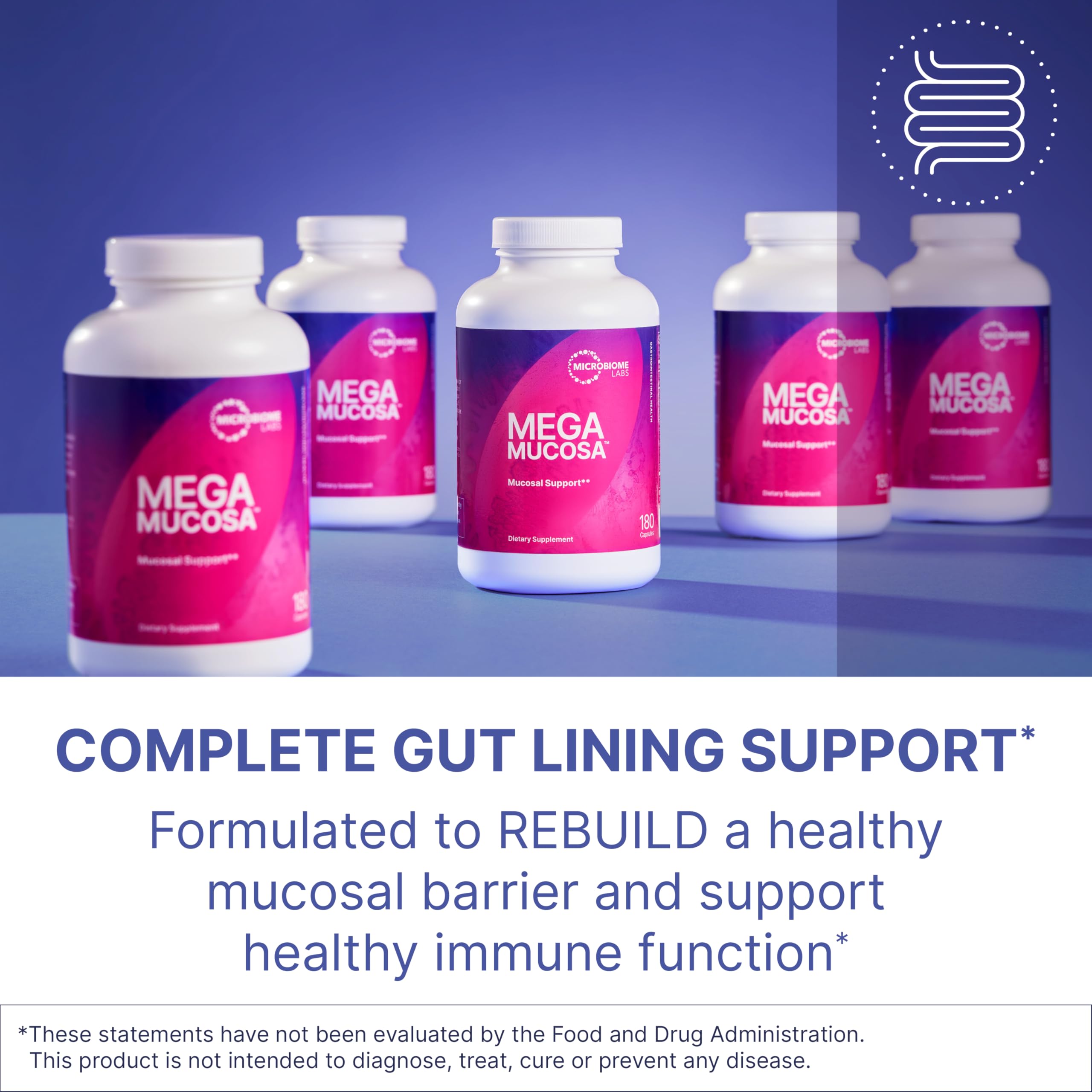 MegaMucosa de Microbiome Labs, etiqueta trasera con beneficios clave.