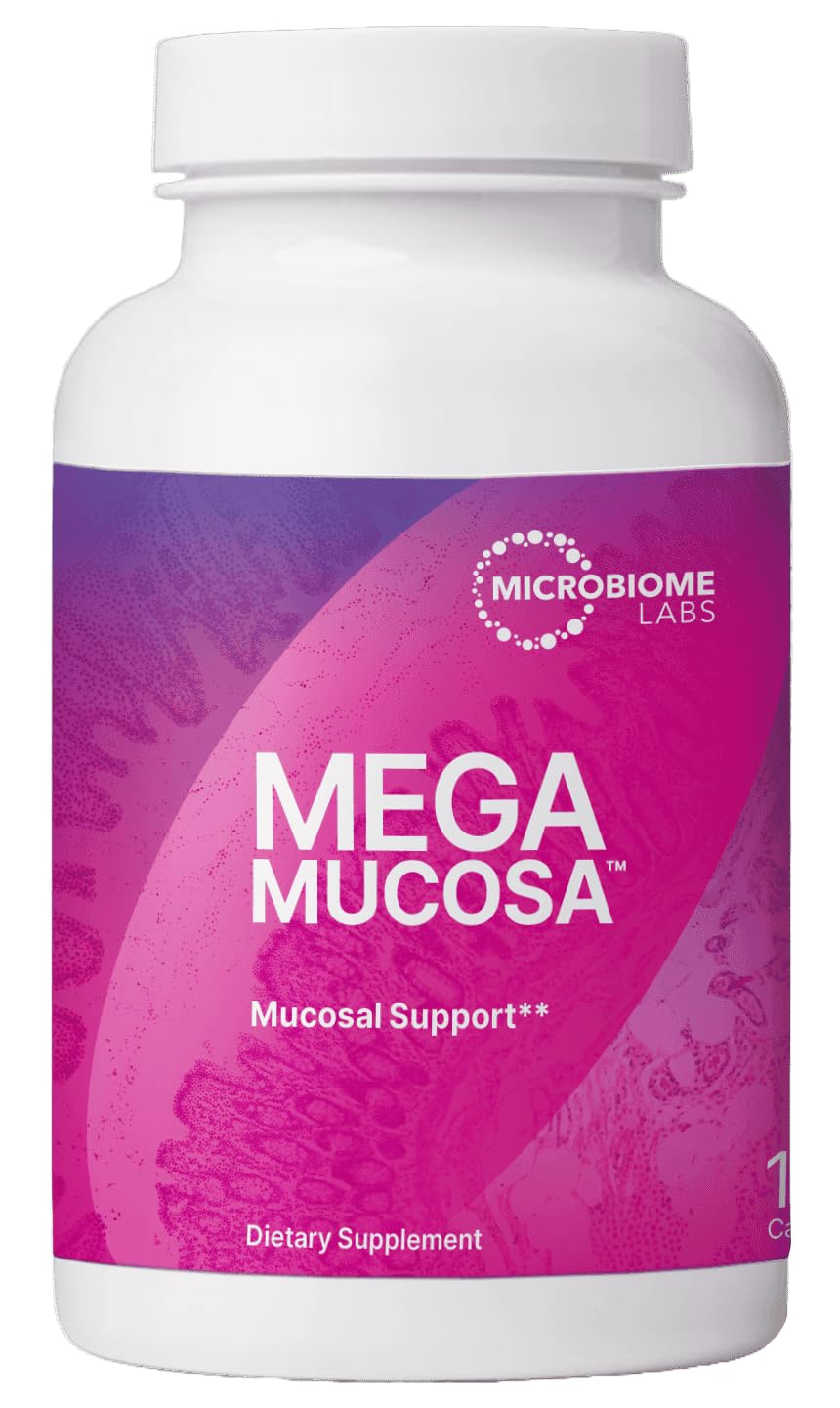 MegaMucosa de Microbiome Labs, botella frontal, soporte diario de mucosa.