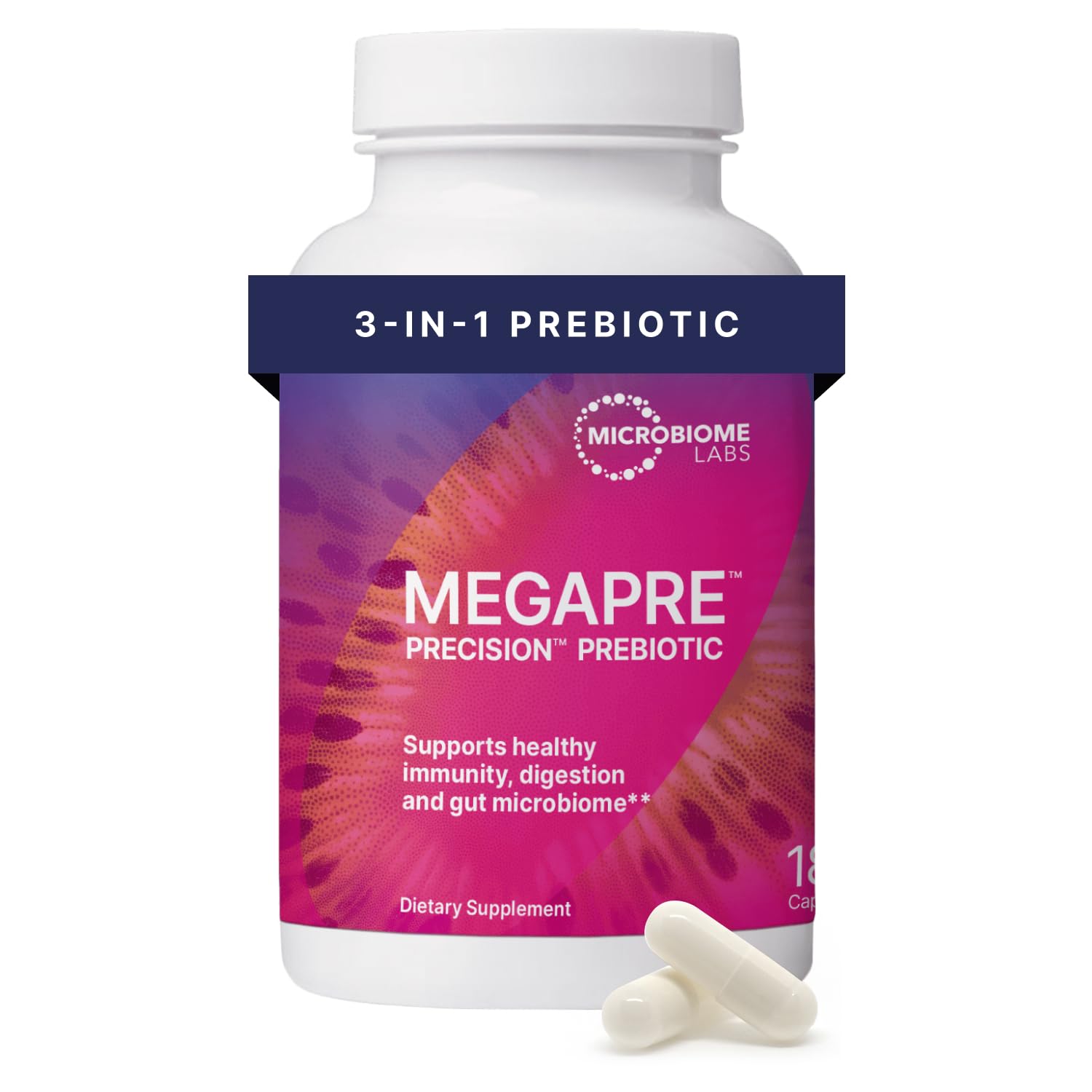 Microbiome Labs MegaPre cápsulas vegetales para diversidad microbiana.