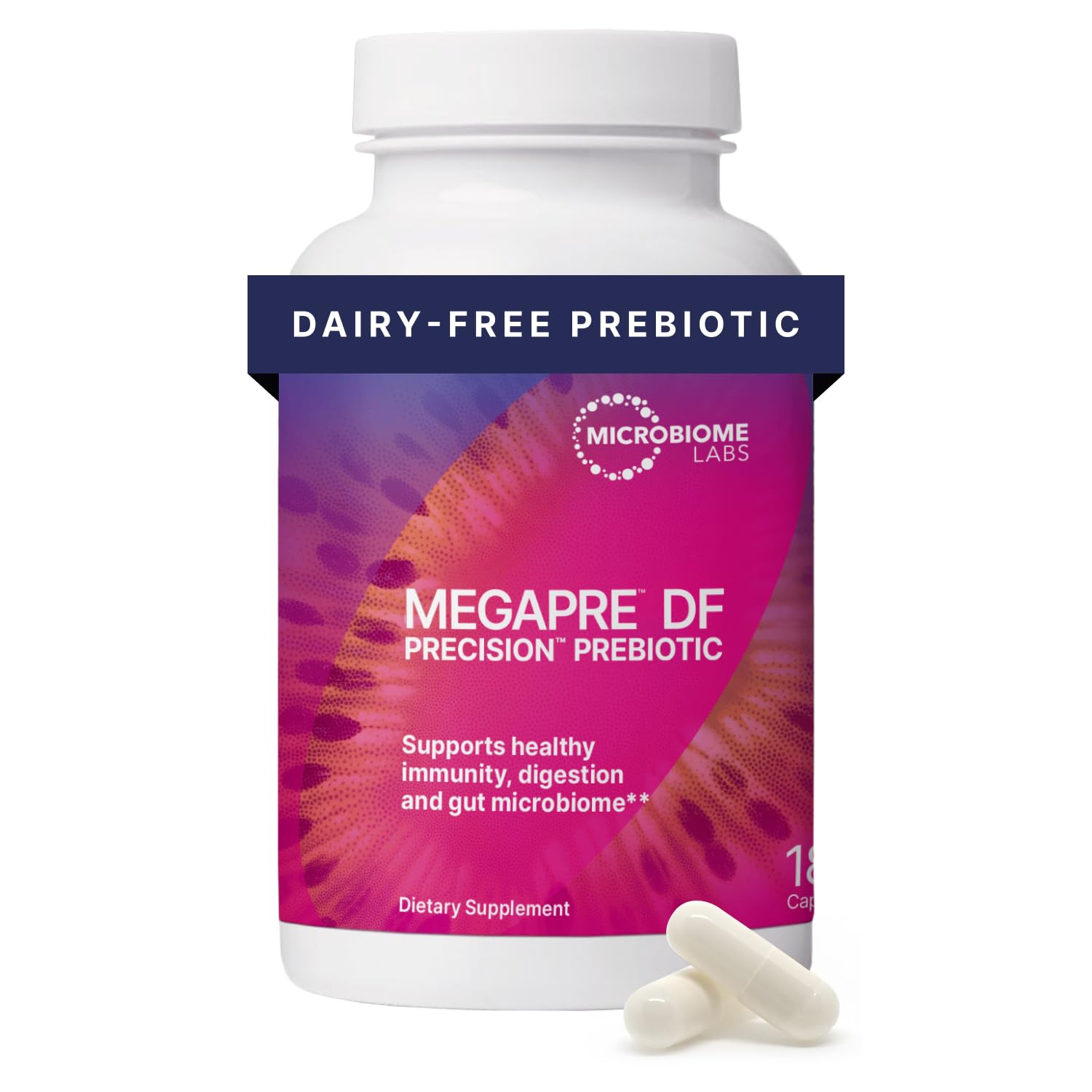 MegaPre DF de Microbiome Labs, envase frontal, prebiótico sin lácteos para diversidad intestinal
