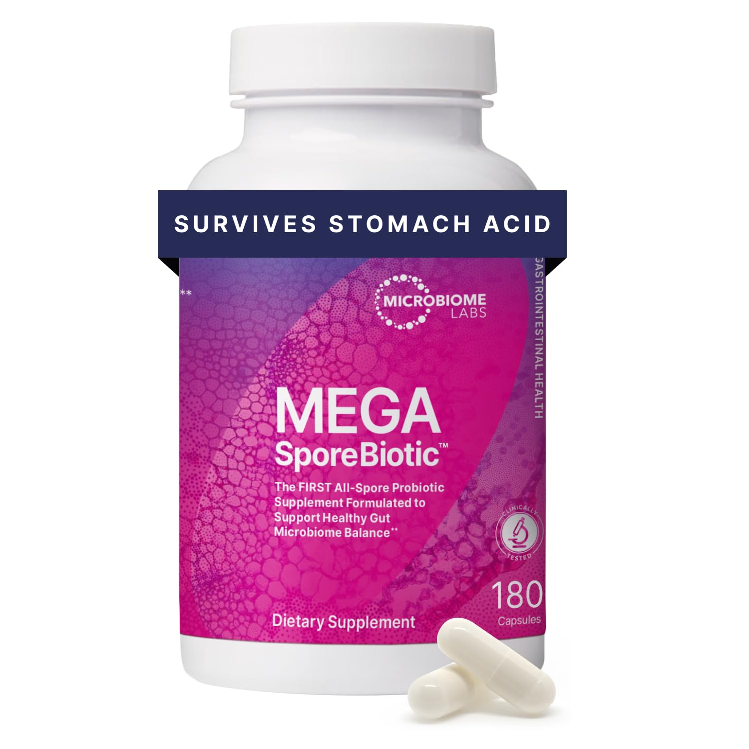 Microbiome Labs MegaSporeBiotic bottle front for gut health support.