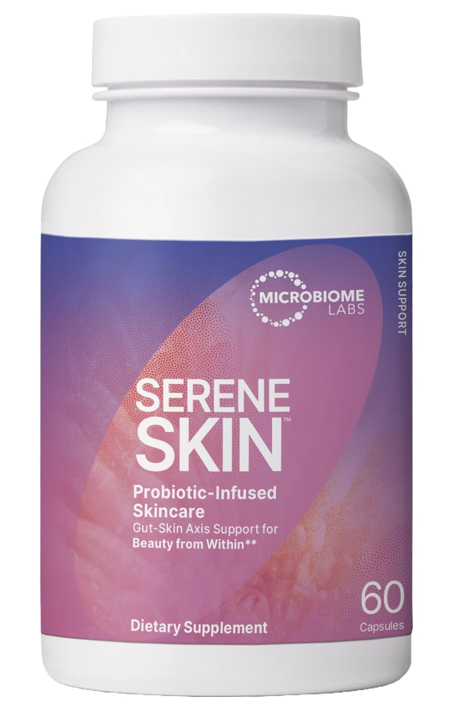 Microbiome Labs SereneSkin: botella de cápsulas para apoyar piel y microbioma.
