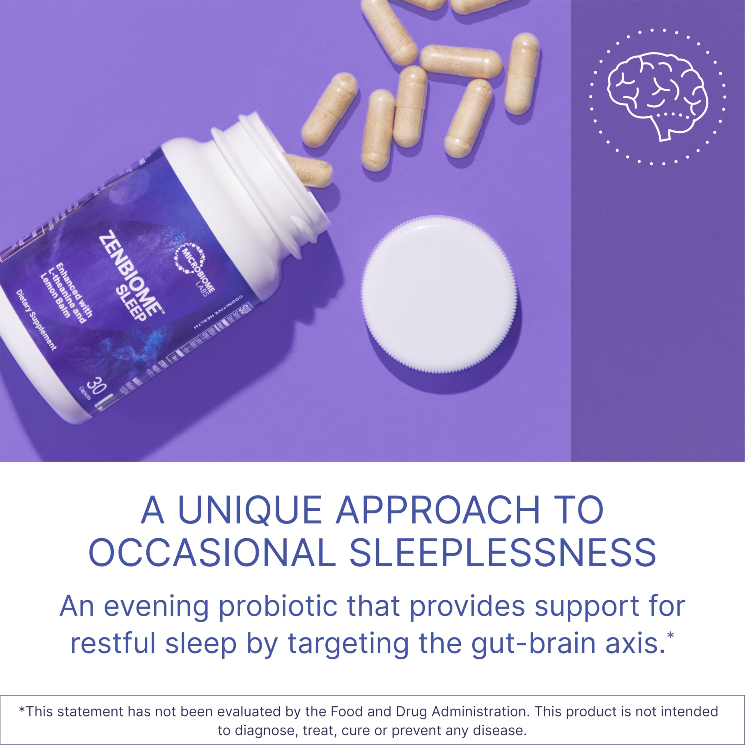 Zenbiome Sleep cápsulas en primer plano, formato práctico para uso nocturno.