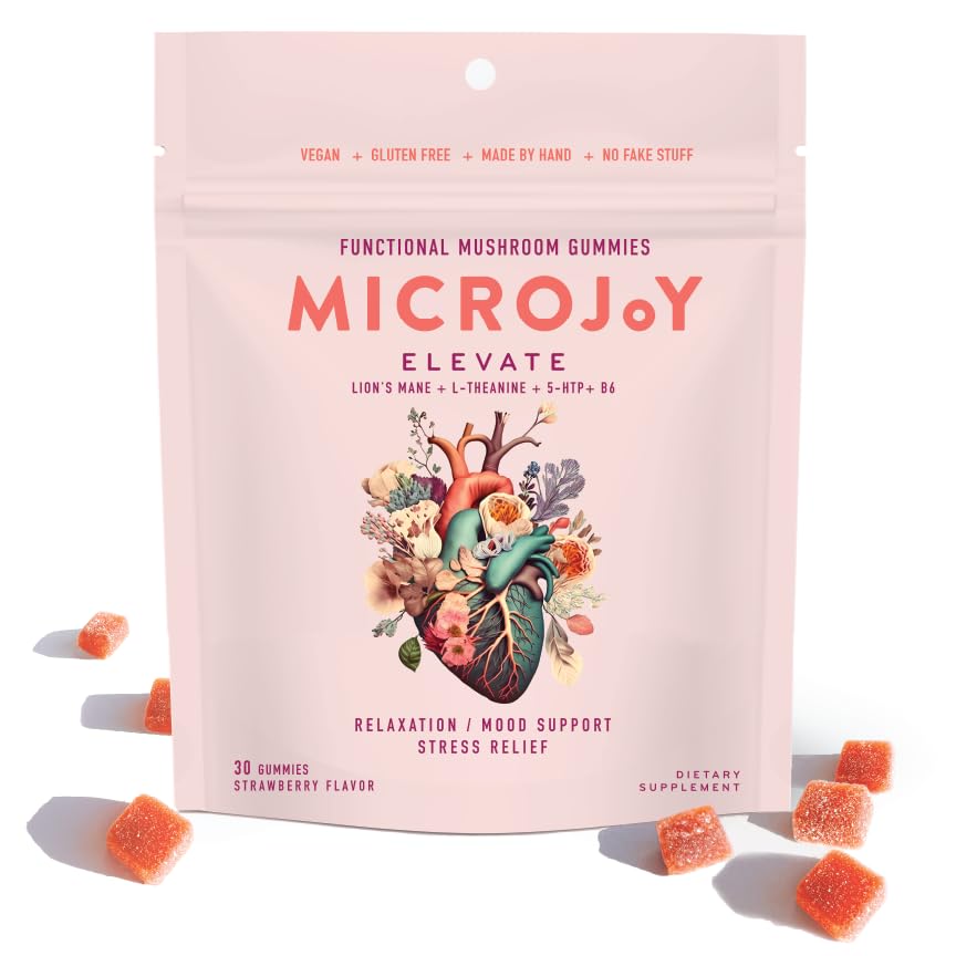 Microjoy Elevate, bolsa reutilizable con gomitas color rosa para equilibrio emocional.