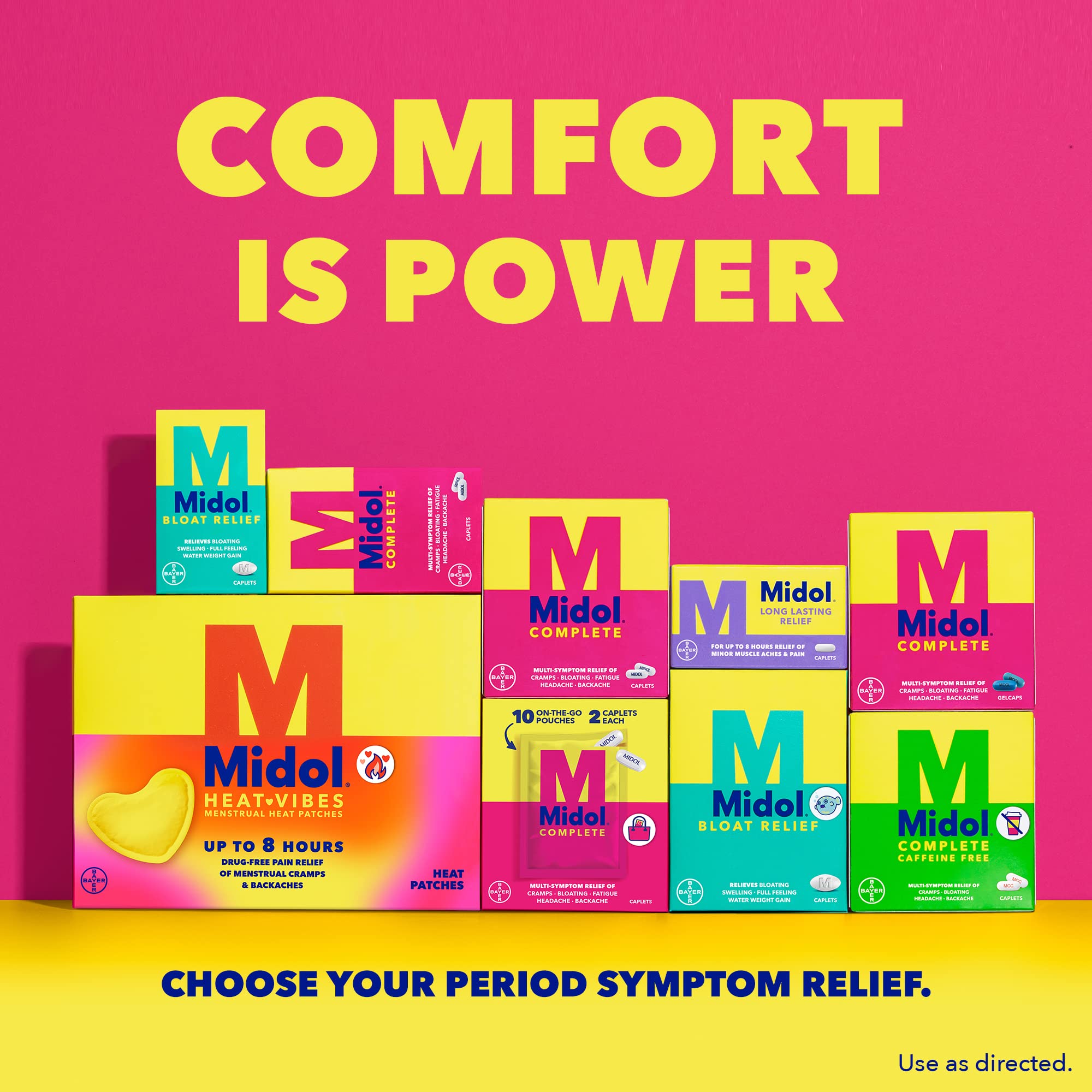 Midol comprimidos junto a una taza de agua, uso rápido y conveniente.