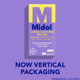 Midol comprimidos liberación prolongada, etiqueta visible, ideal para planificar días sin molestias.