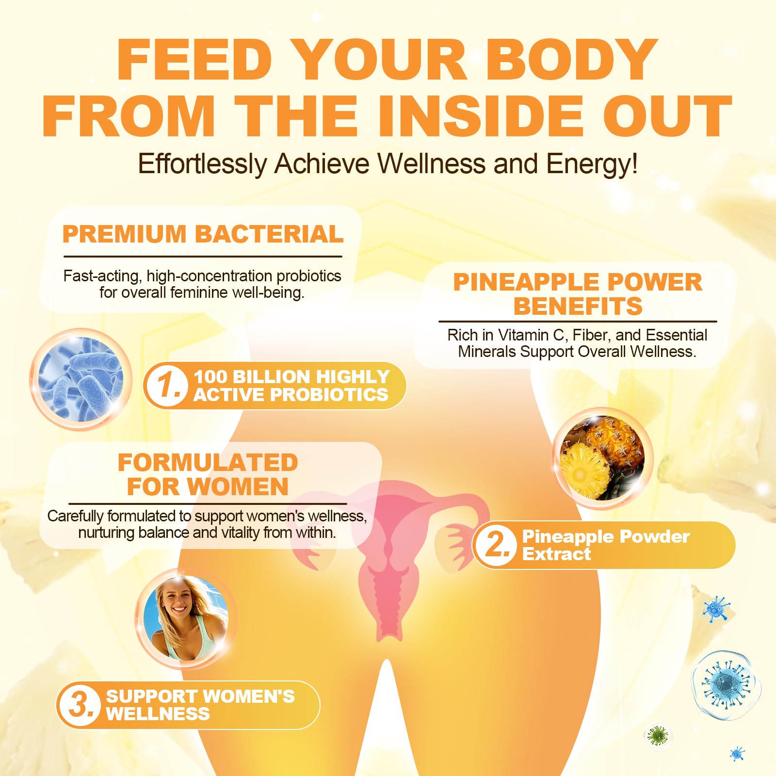 Componentes clave Migcopat Balance Femenino prebioticos y enzimas para digestión.