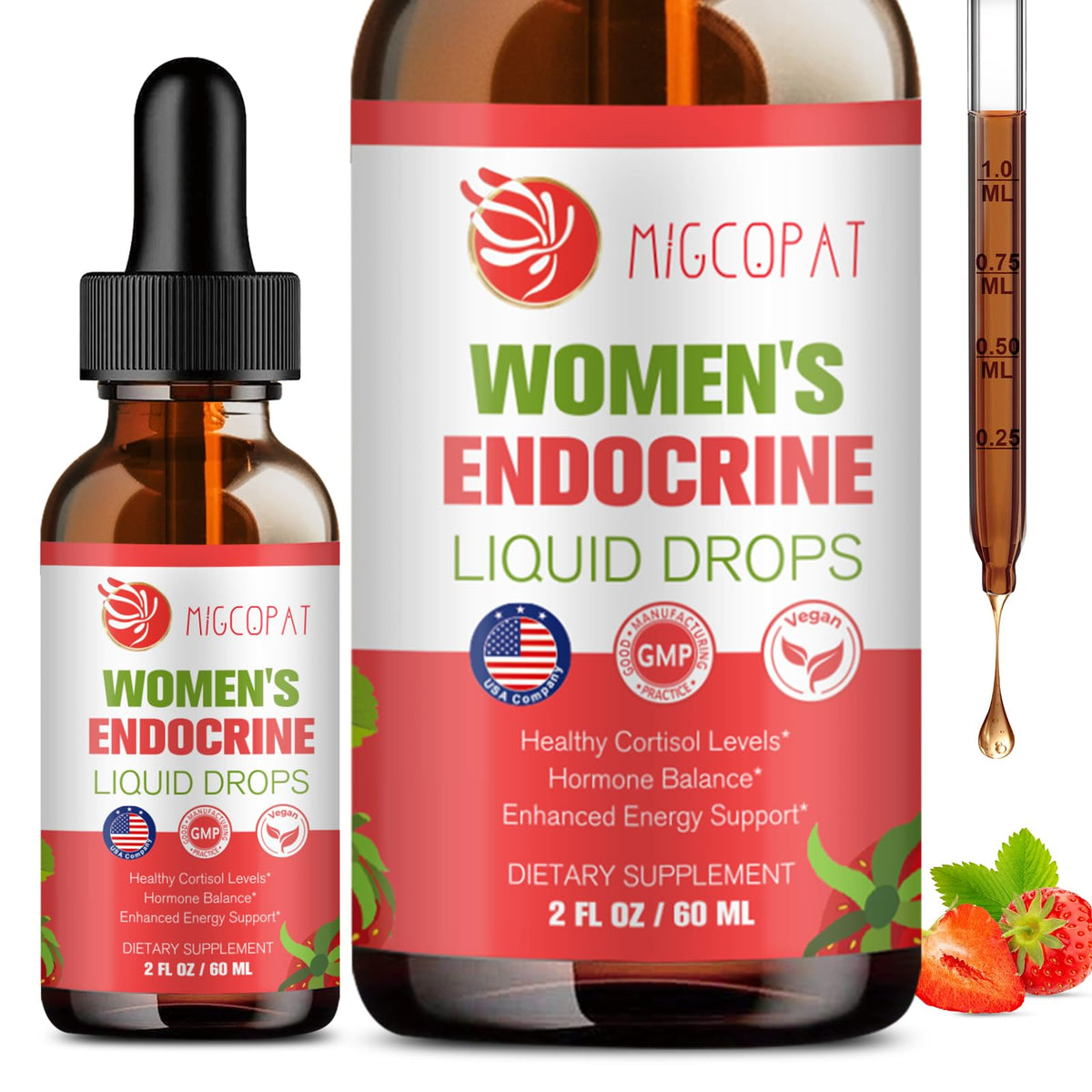 Migcopat Gotas Endocrinas: botella con dosificación para equilibrio hormonal diario.