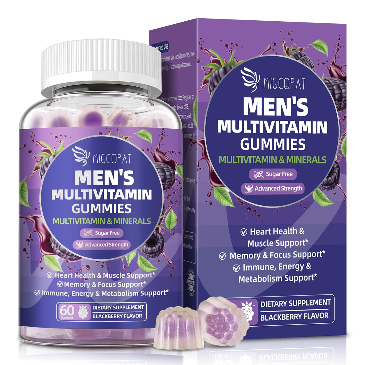 Migcopat multivitamínicos para hombres, gomitas sabor mora, ingesta diaria fácil y sabrosa