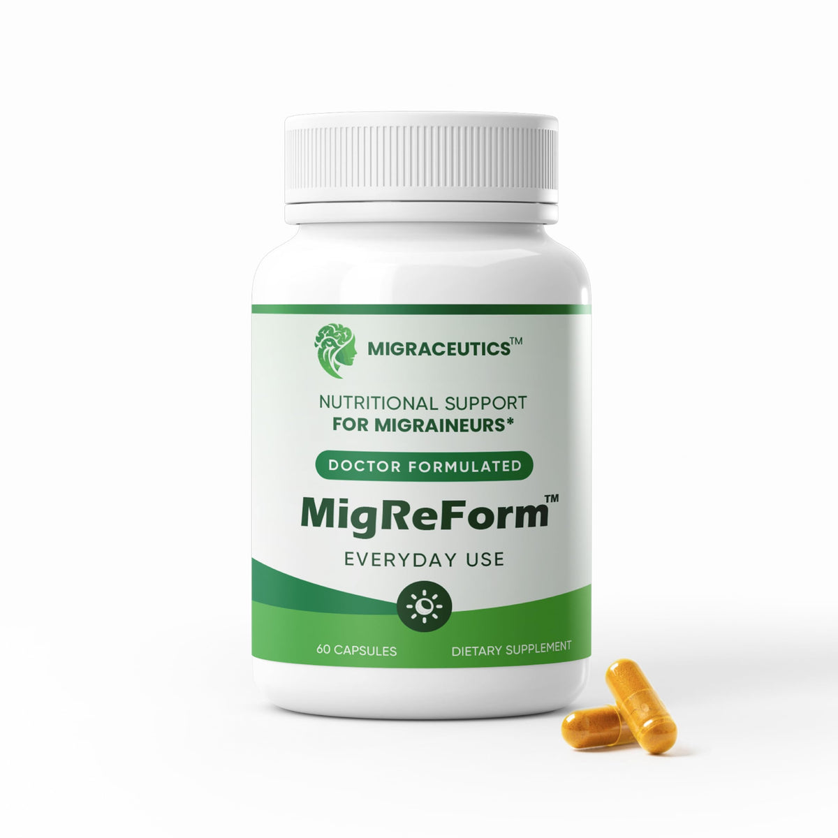 MigReForm de Migraceutics: botella con vertido para rutina diaria de apoyo nutricional