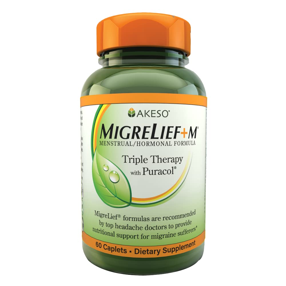 MigreLief+M botella con comprimidos para uso diario y salud neurológica femenina.
