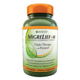 MigreLief+M botella con comprimidos para uso diario y salud neurológica femenina.