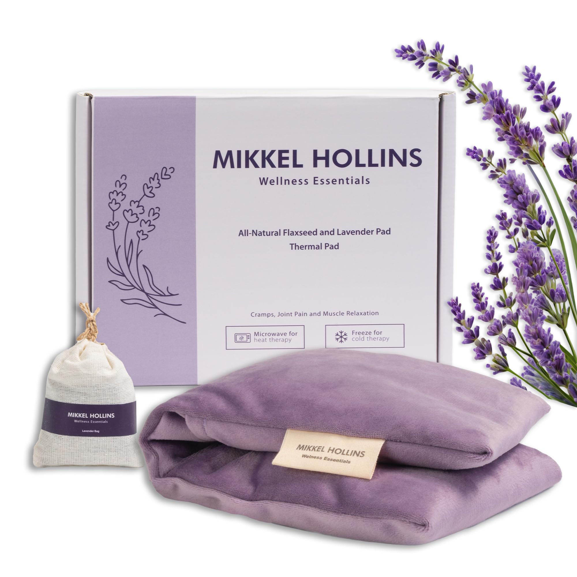 Almohadilla Mikkel Hollins con calor de microondas y lavanda para relajación rápida.