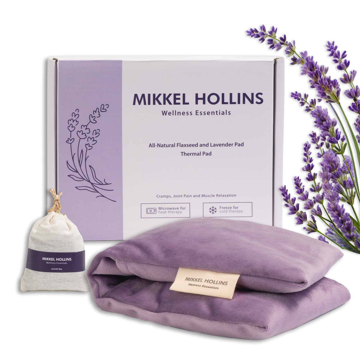 Almohadilla Mikkel Hollins con calor de microondas y lavanda para relajación rápida.