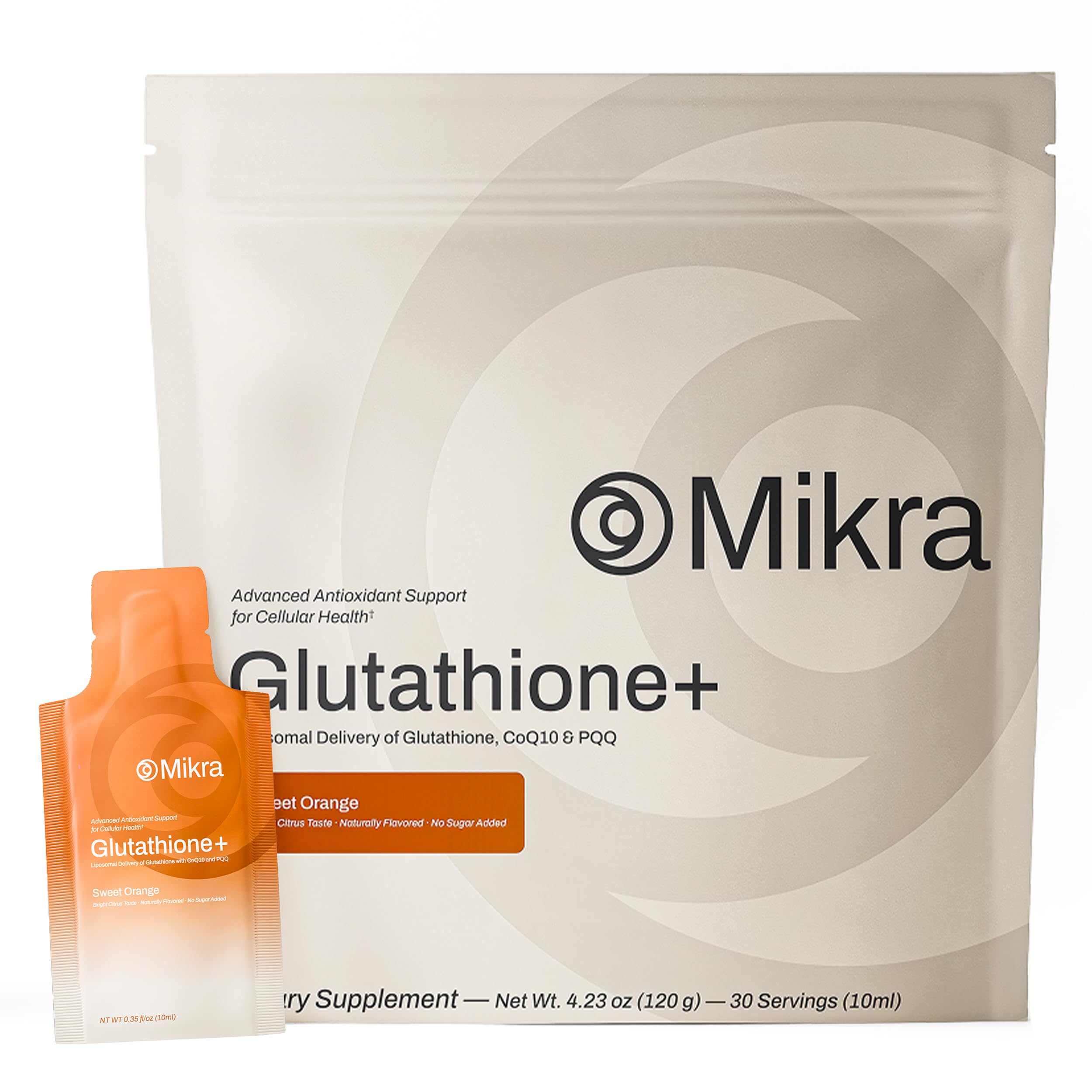 Mikra Glutatión liposomado, botella de dosis única, apoyo energético diario.