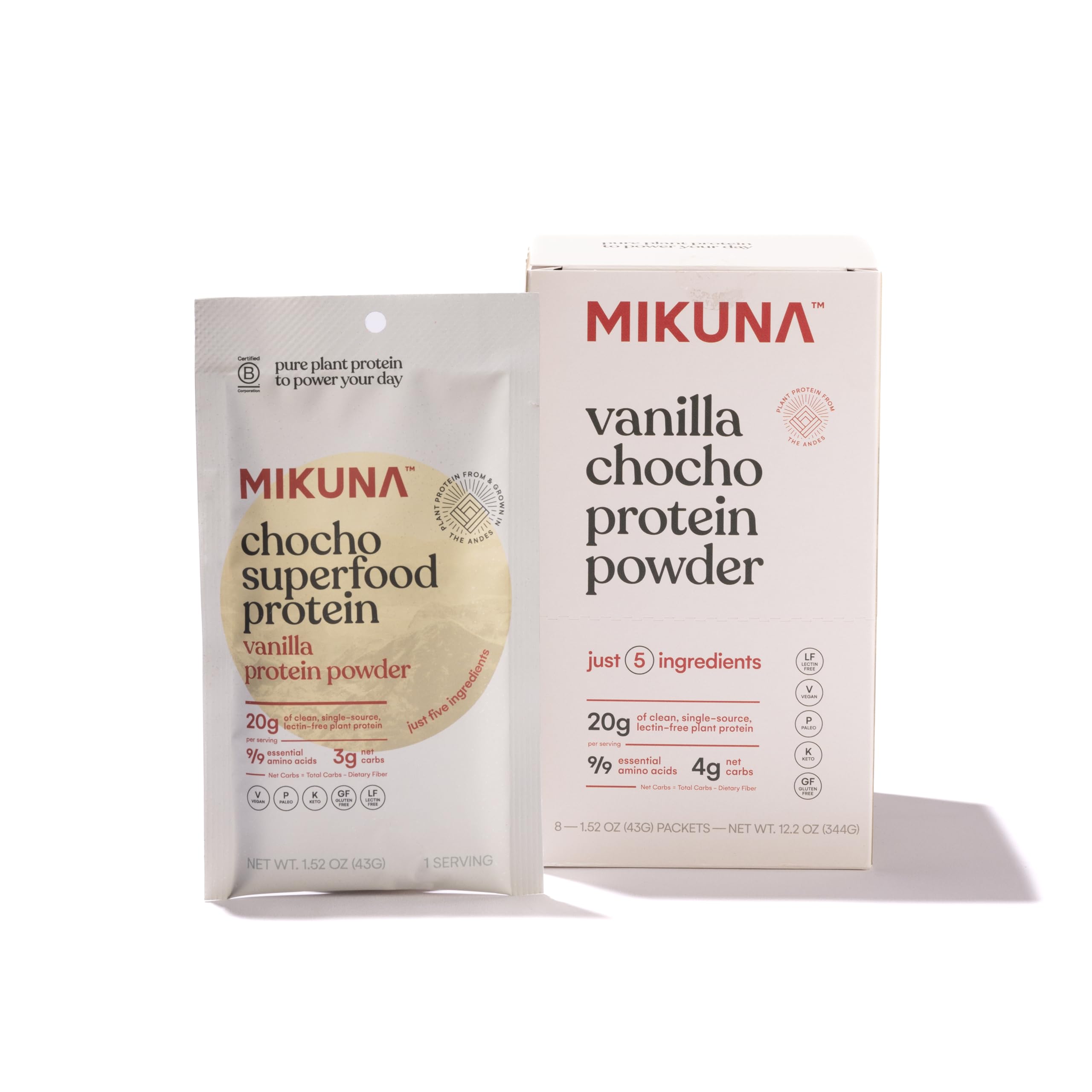 Mikuna Chocho Superfood Protein en envase de viaje para batidos prácticos.