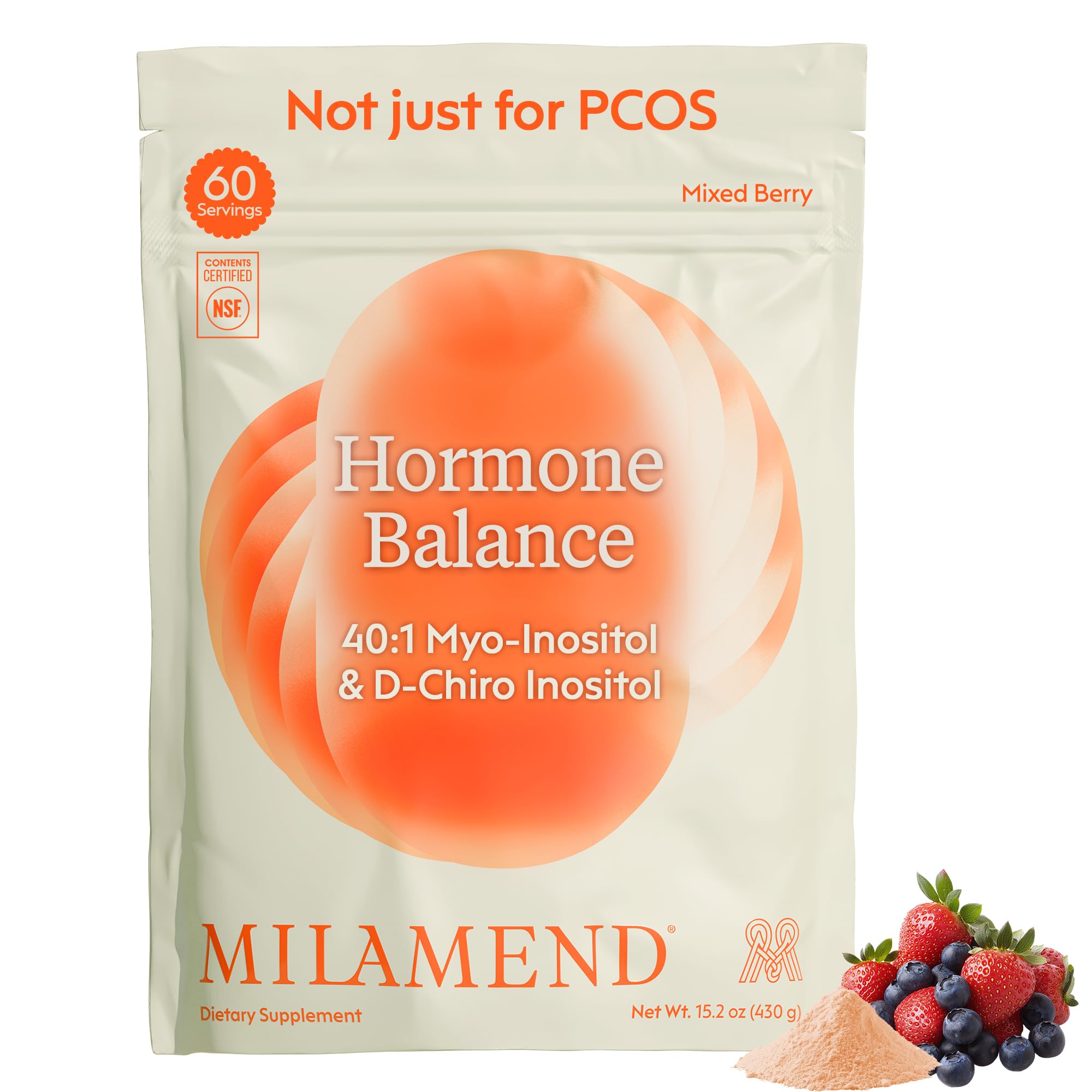 Milamend equilibrio hormonal, polvo sabor frambuesa, apoyo diario de energía sostenida.