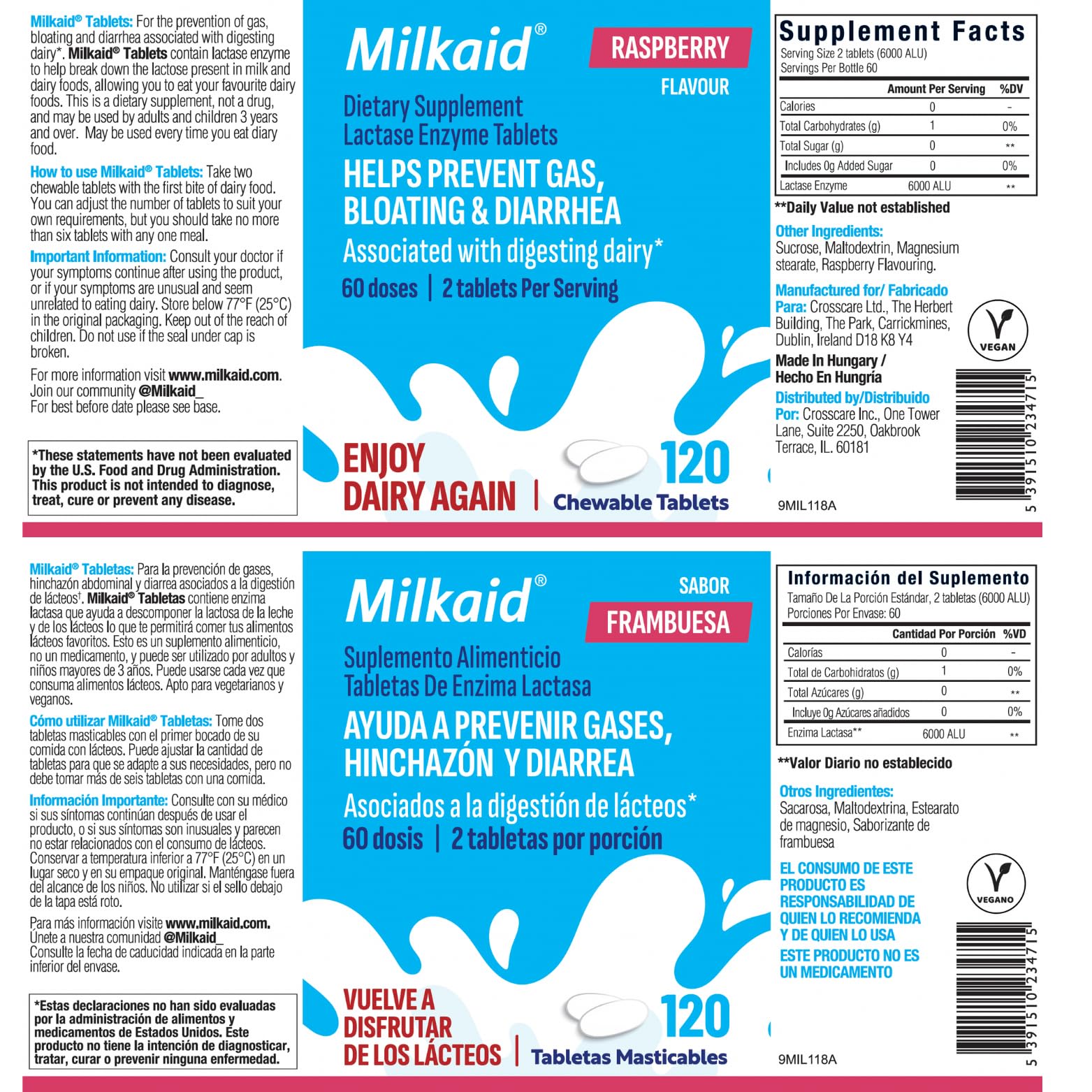 Milkaid lactasa-tabletas-frambuesa: apto vegetariano, sin gluten
