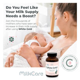 Milkcare Oro Blanco, etiqueta atractiva que indica beneficios y uso recomendado