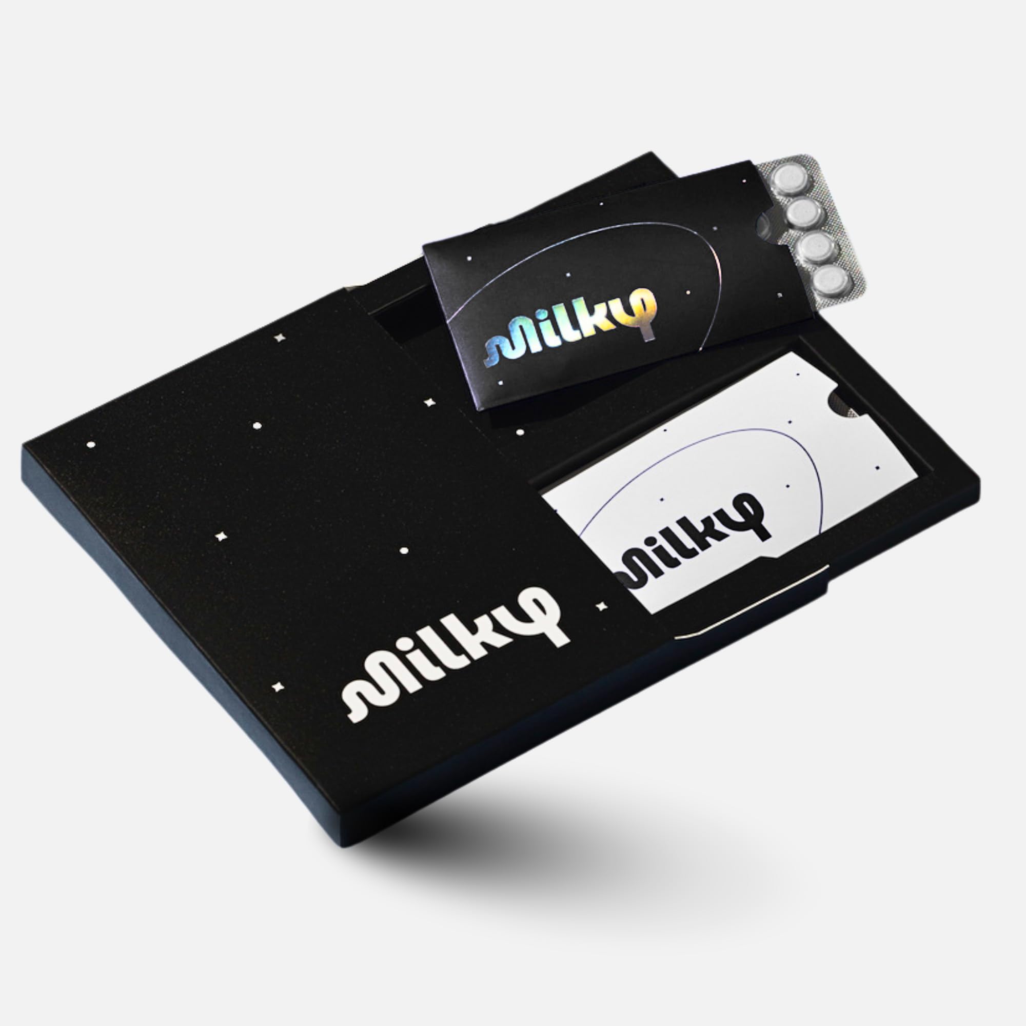 Milky pildoras intolerancia lactosa en caja, alivio para comer lácteos con comodidad.