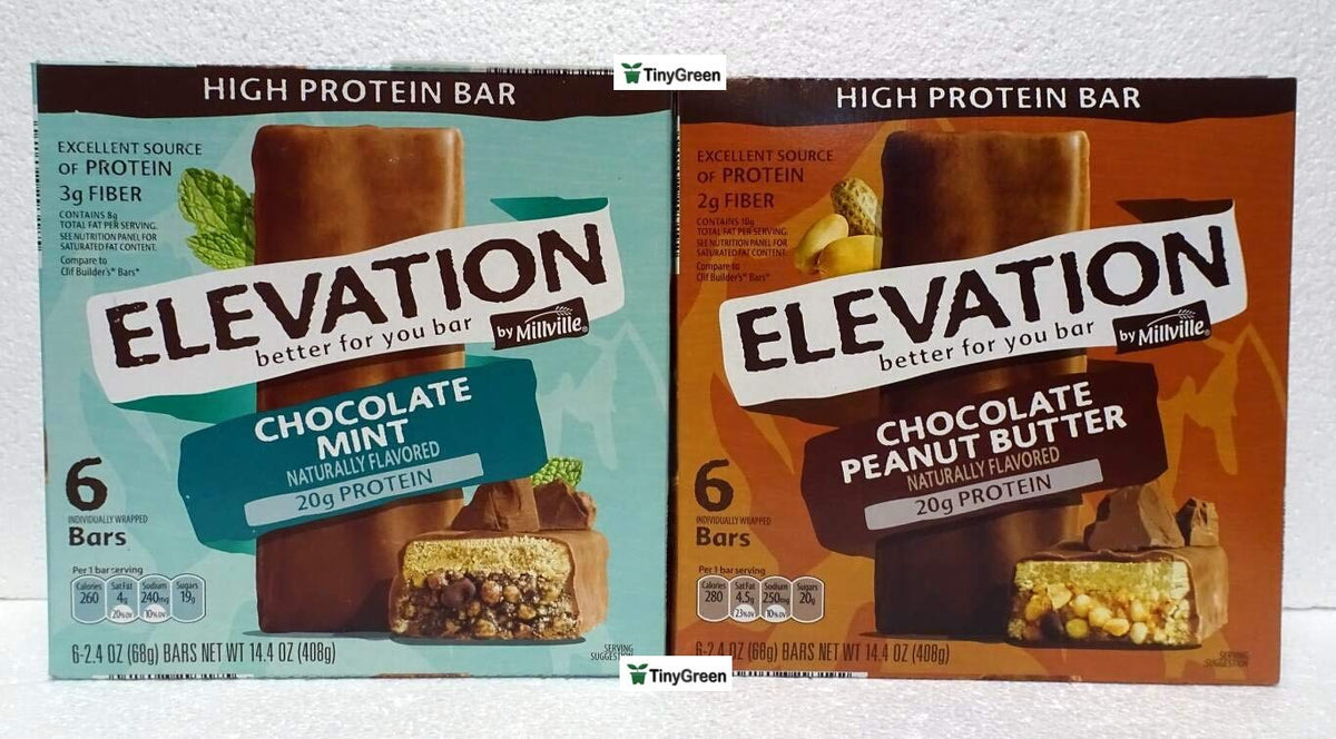 Millville Elevation barra de proteína sabor menta chocolate, merienda ideal para energizar antes del entrenamiento.
