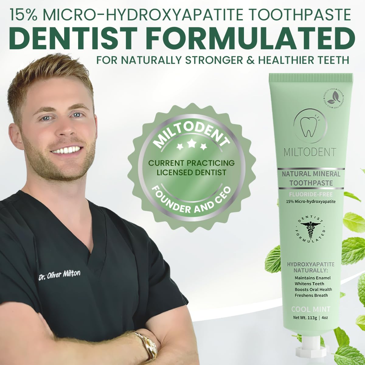 MILTODENT sin fluoruro, menta natural para uso diario suave.
