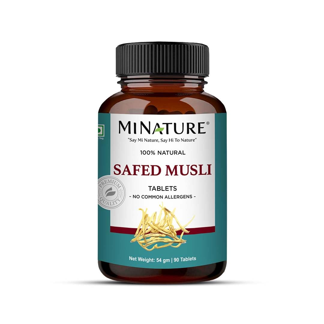 Minature Safed Musli: botella de tabletas 1000 mg para consumo diario.