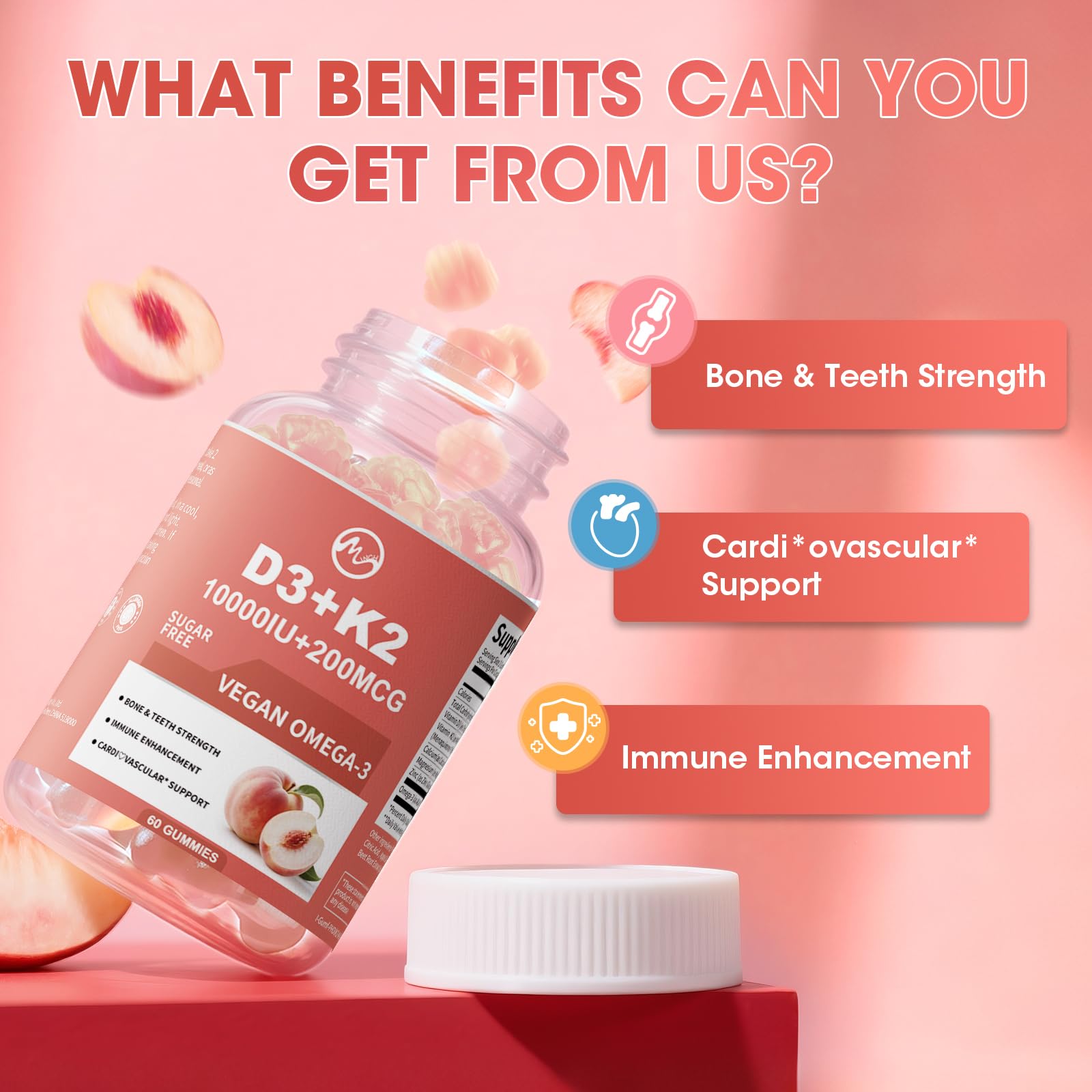Frasco M inch D3 K2 con Omega-3, almacenamiento práctico para la rutina diaria.