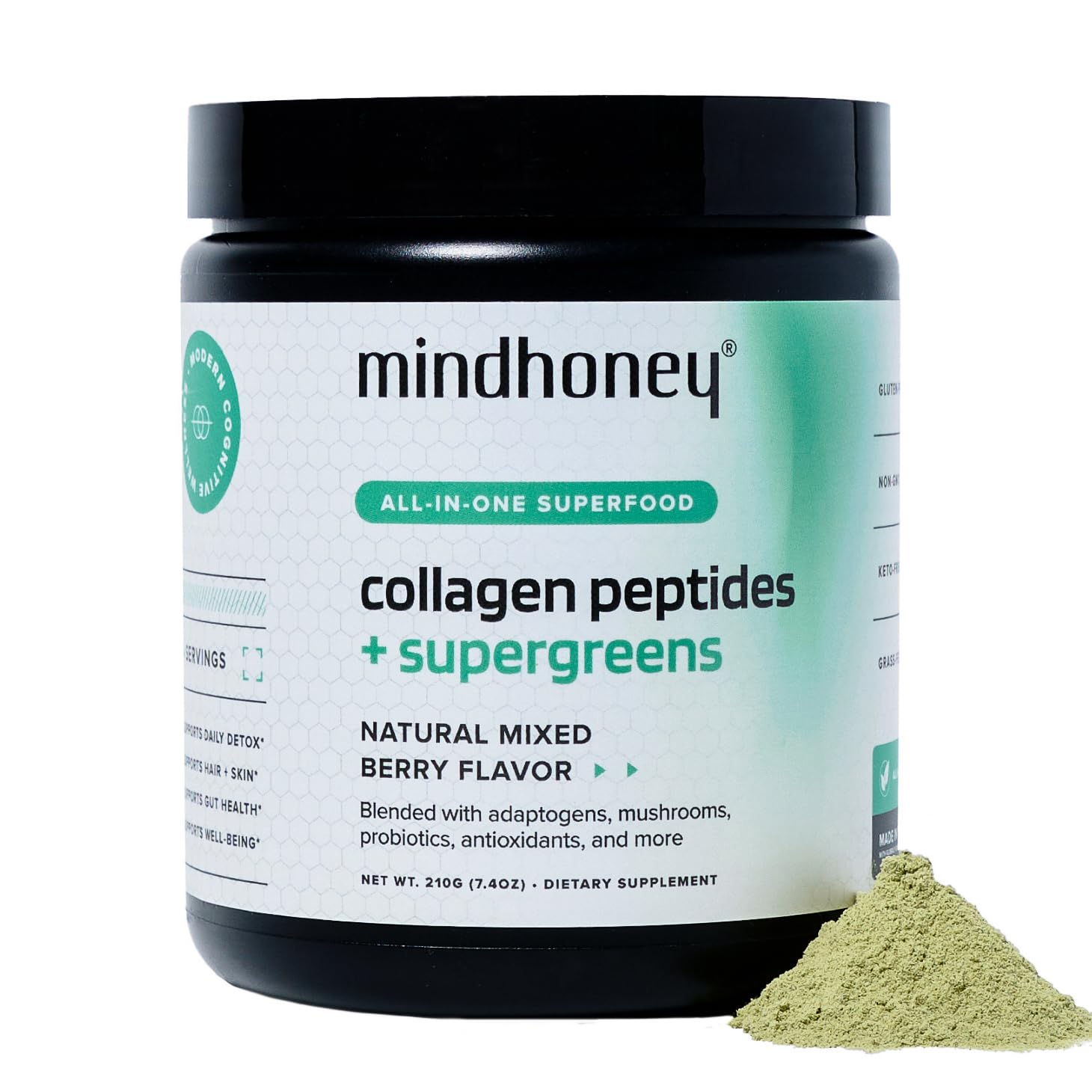 MINDHONEY Colágeno + Super Greens en botella, posible apoyo a cabello y piel.