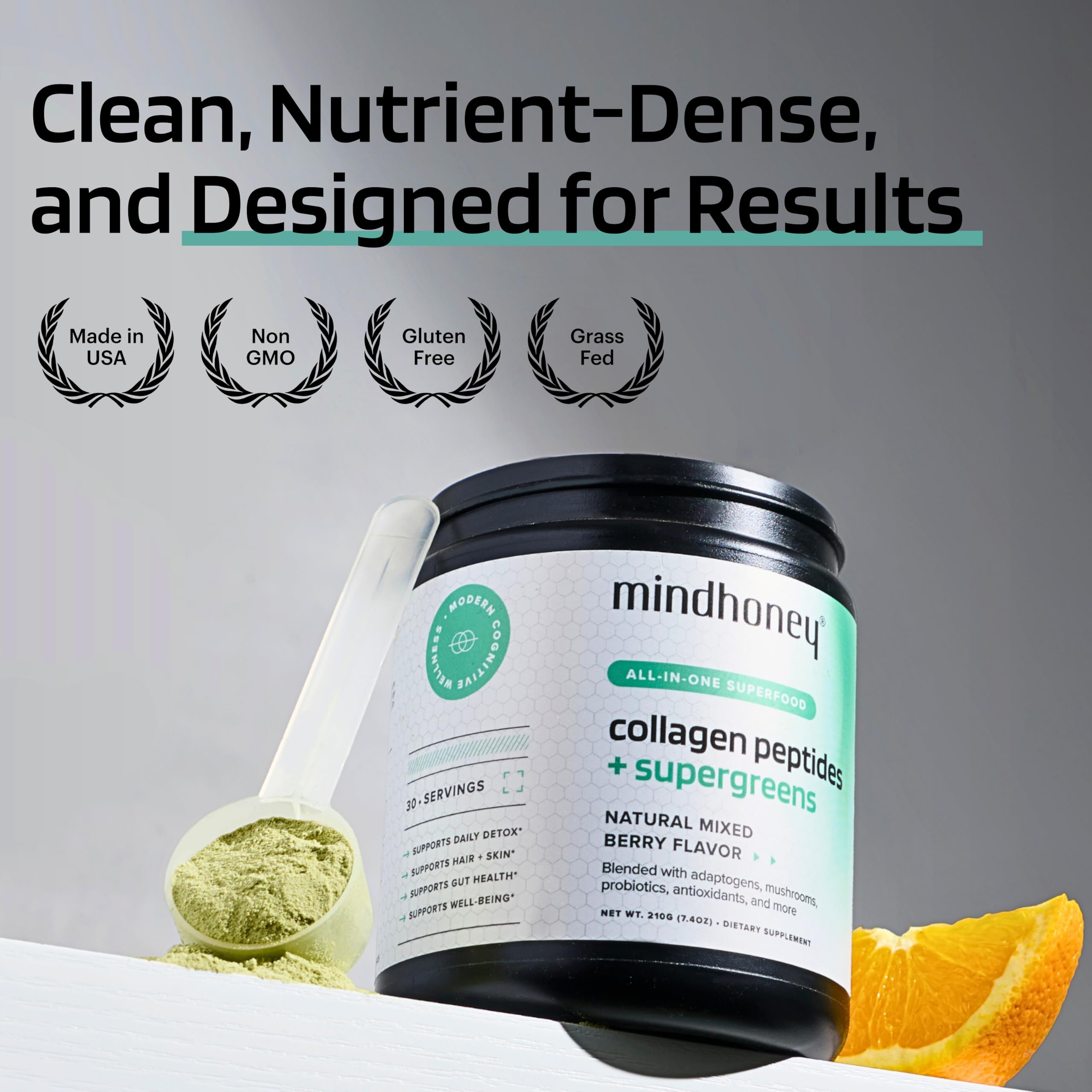 MINDHONEY Etiqueta de producto con detalles de ingredientes premium.