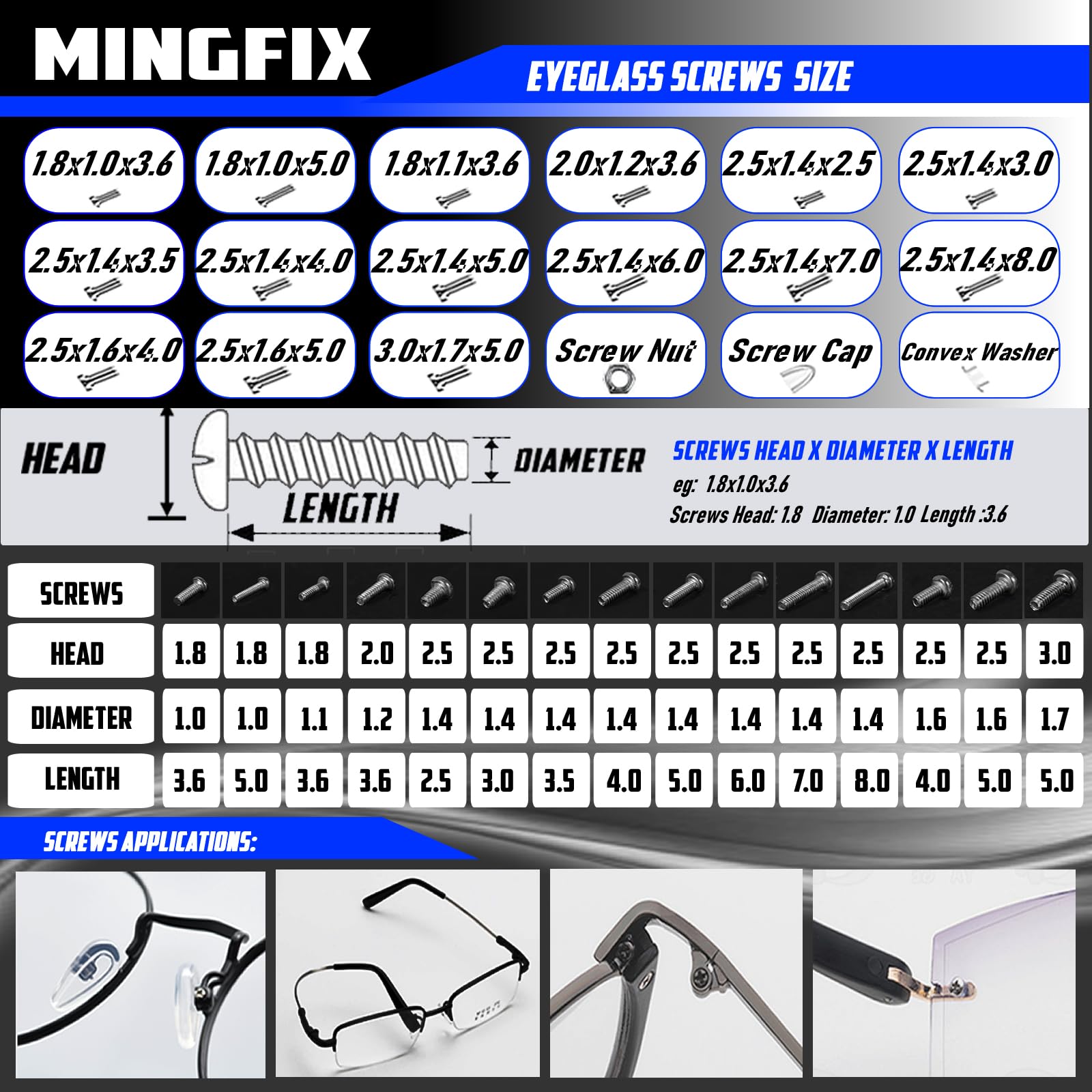 MINGFIX tornillos repuestos gafas 24 tamaños para múltiples modelos.