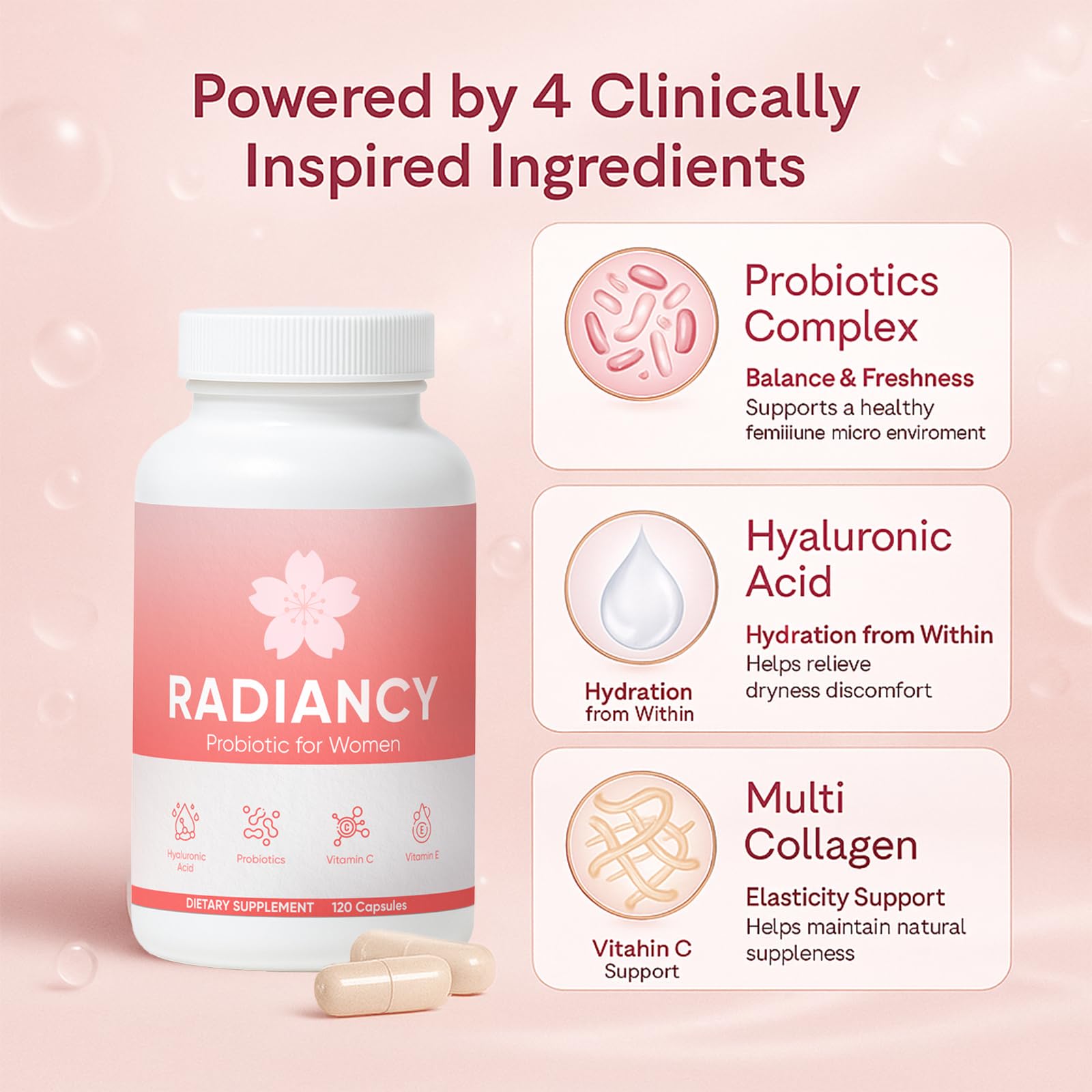 Minyang Radiancy Probiótico cápsulas en mano: rutina de cuidado y belleza.