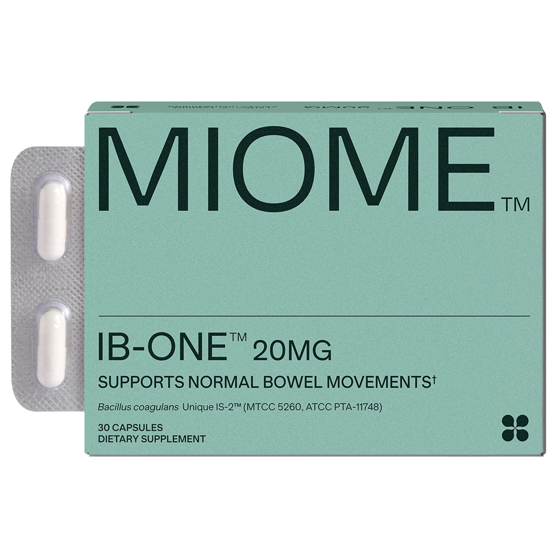 MIOME IB-ONE probiótico: botella de cápsulas para apoyo digestivo diario.