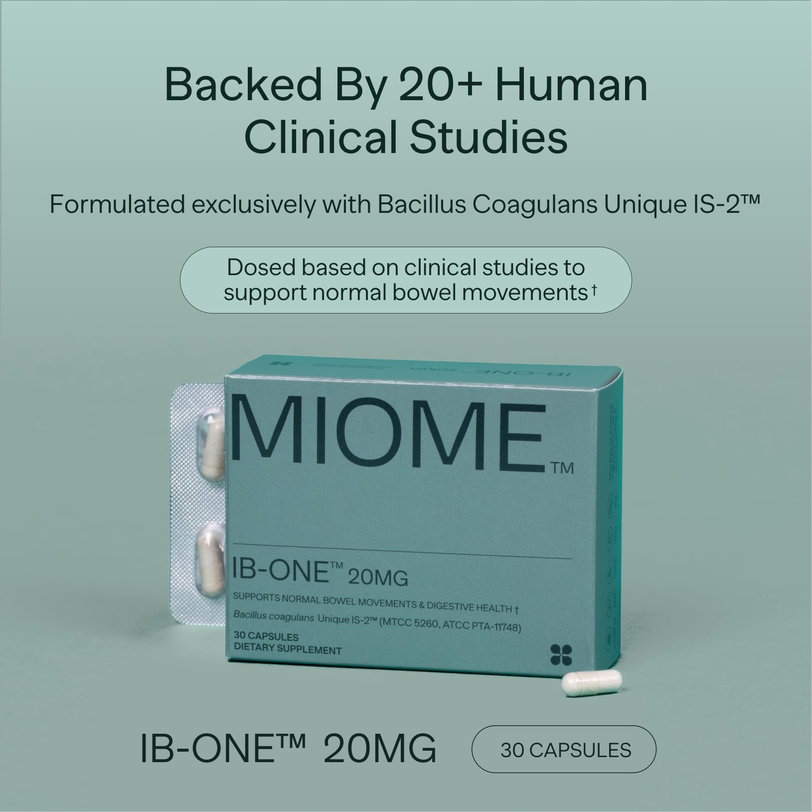 MIOME IB-ONE probiótico: cápsula diaria para regular el tránsito intestinal.