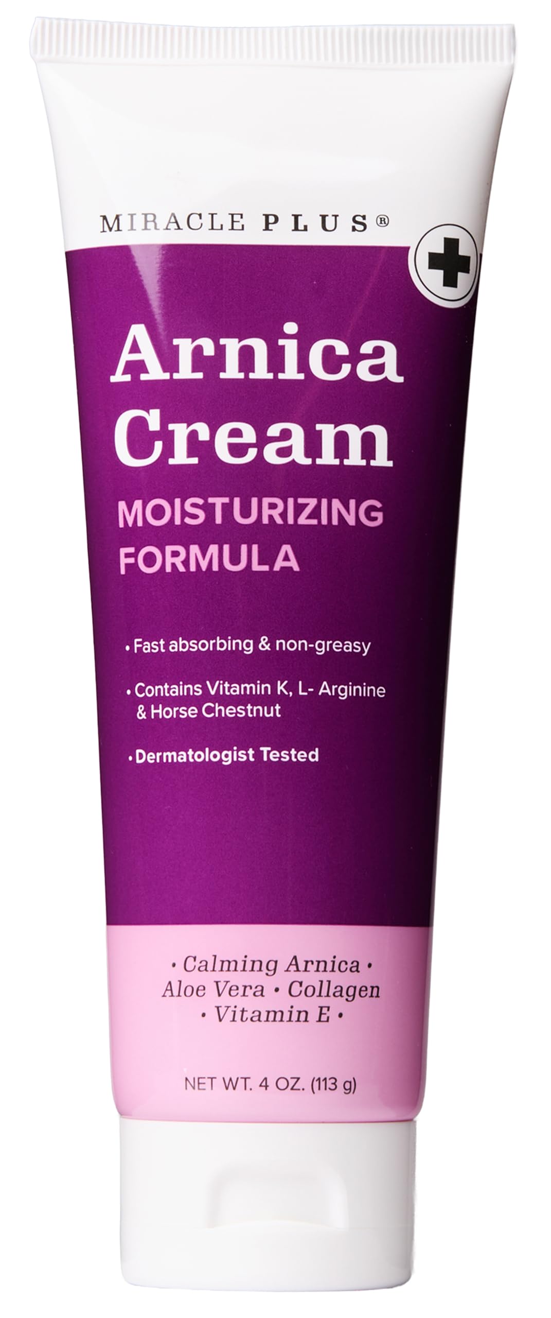 Crema Miracle Plus Arnica: botella frontal para uso diario en la piel.