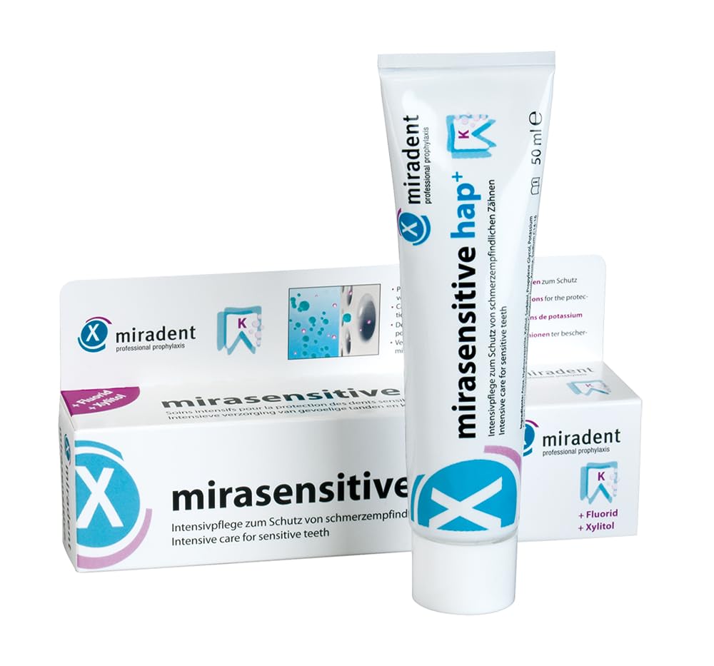 Pasta Miradent Mirasensitive hap+ en tubo de 50 ml para dientes sensibles.
